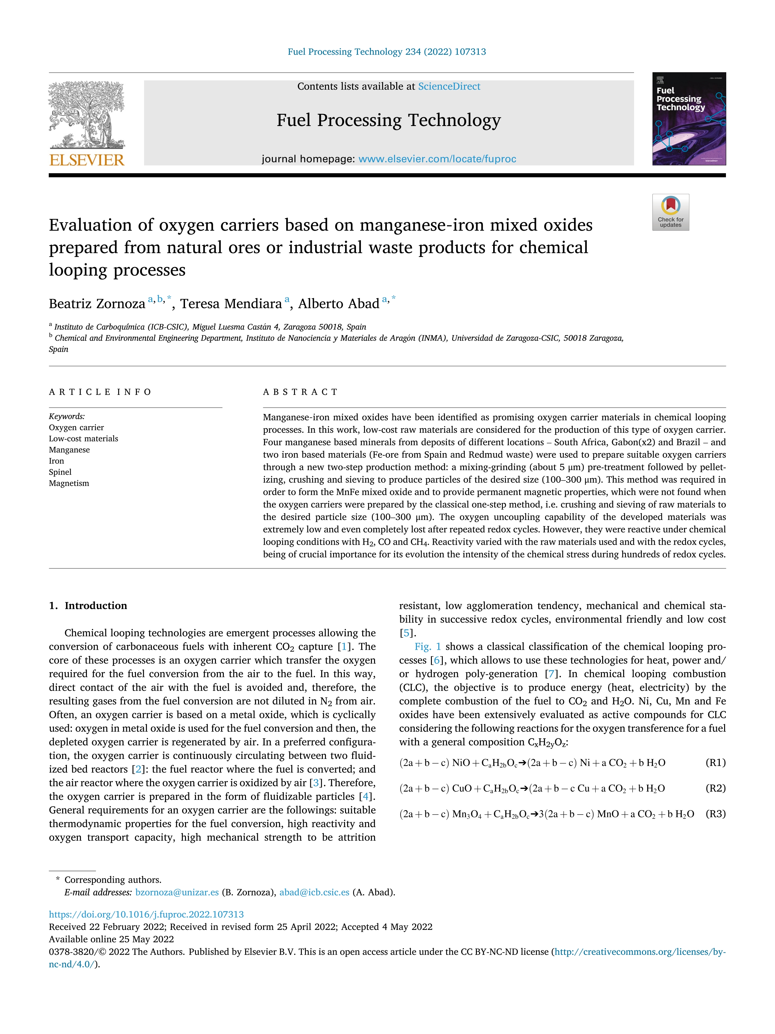 Evaluation of oxygen carriers based on manganese-iron mixed oxides prepared from natural ores or industrial waste products for chemical looping processes