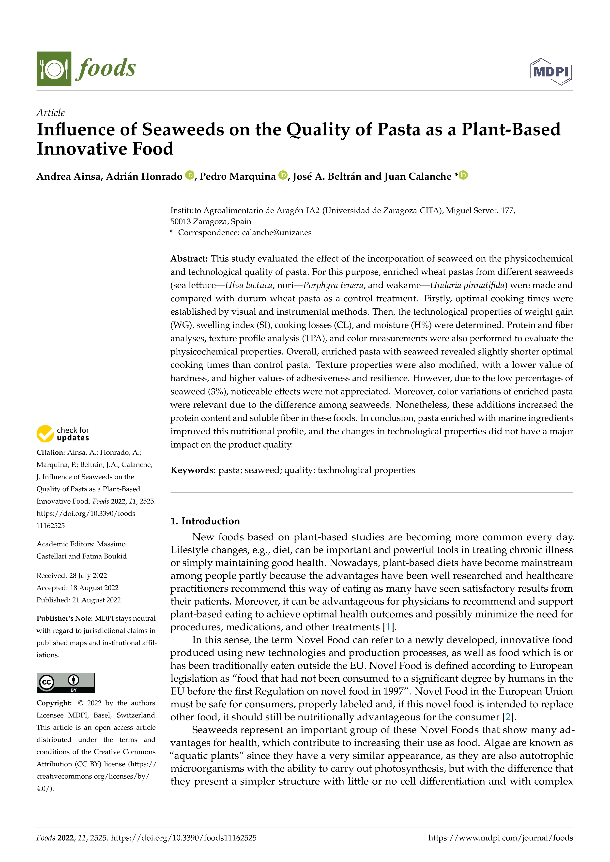 Influence of Seaweeds on the Quality of Pasta as a Plant-Based Innovative Food