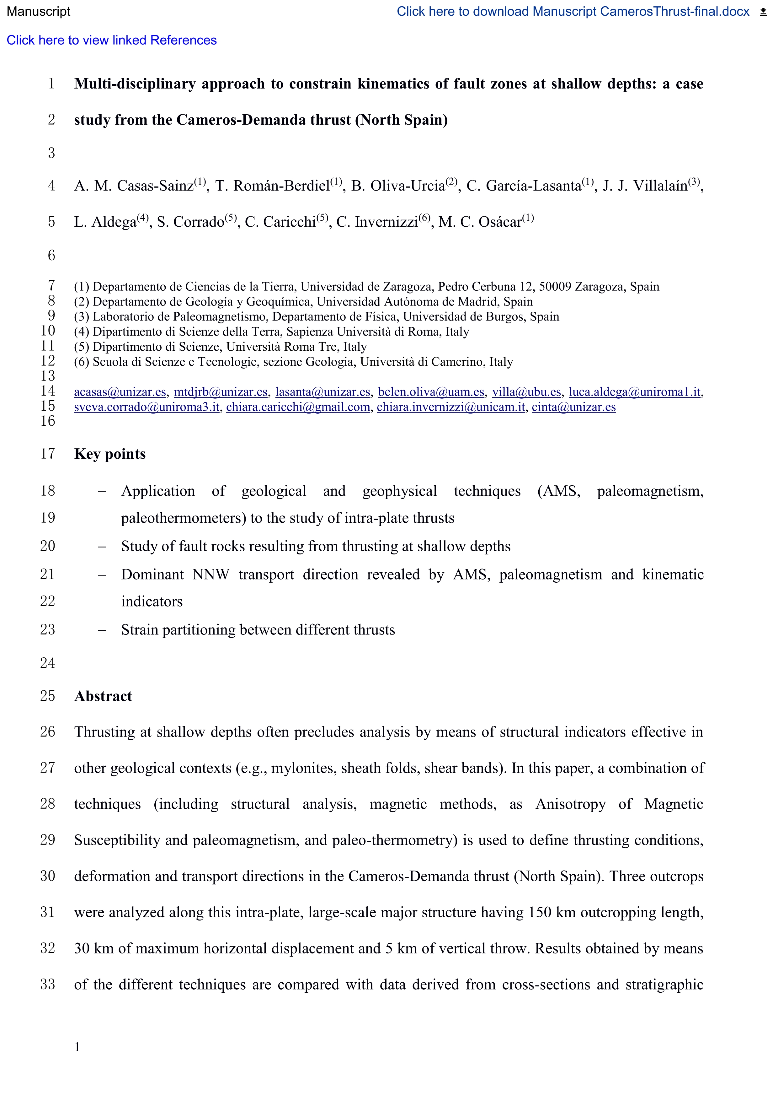 Multidisciplinary approach to constrain kinematics of fault zones at shallow depths: a case study from the Cameros–Demanda thrust (North Spain)