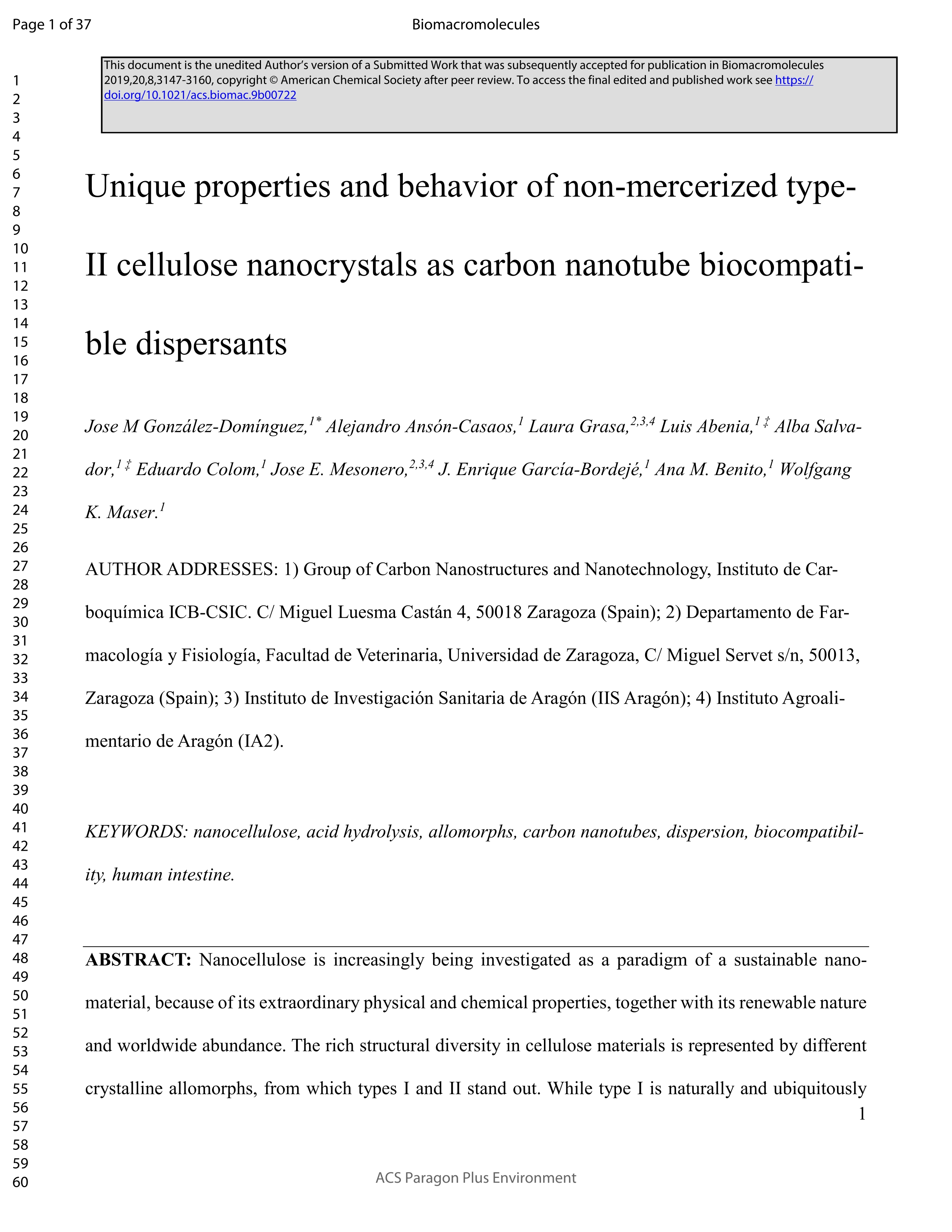 Unique properties and behavior of nonmercerized type-ii cellulose nanocrystals as carbon nanotube biocompatible dispersants
