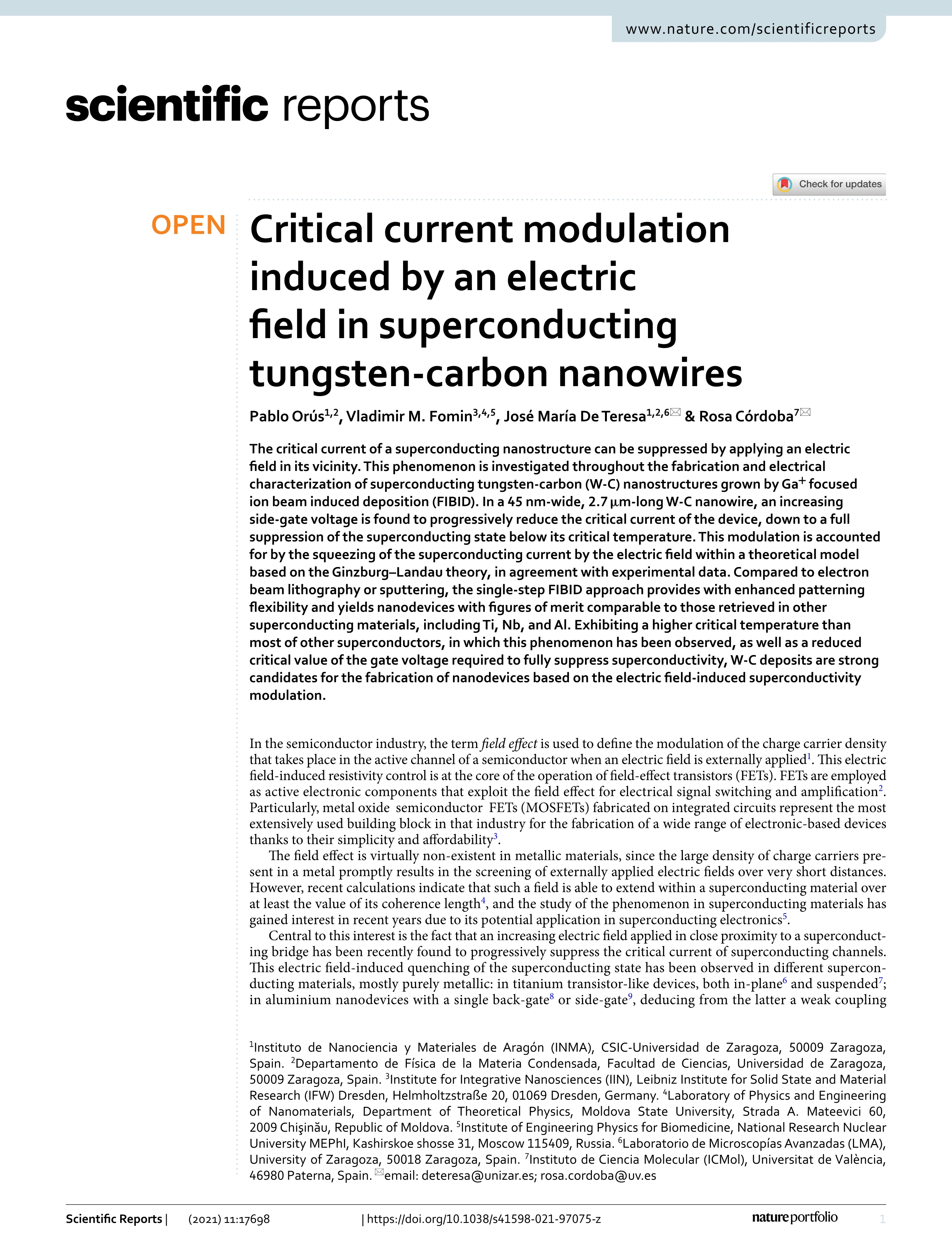Critical current modulation induced by an electric field in superconducting tungsten-carbon nanowires