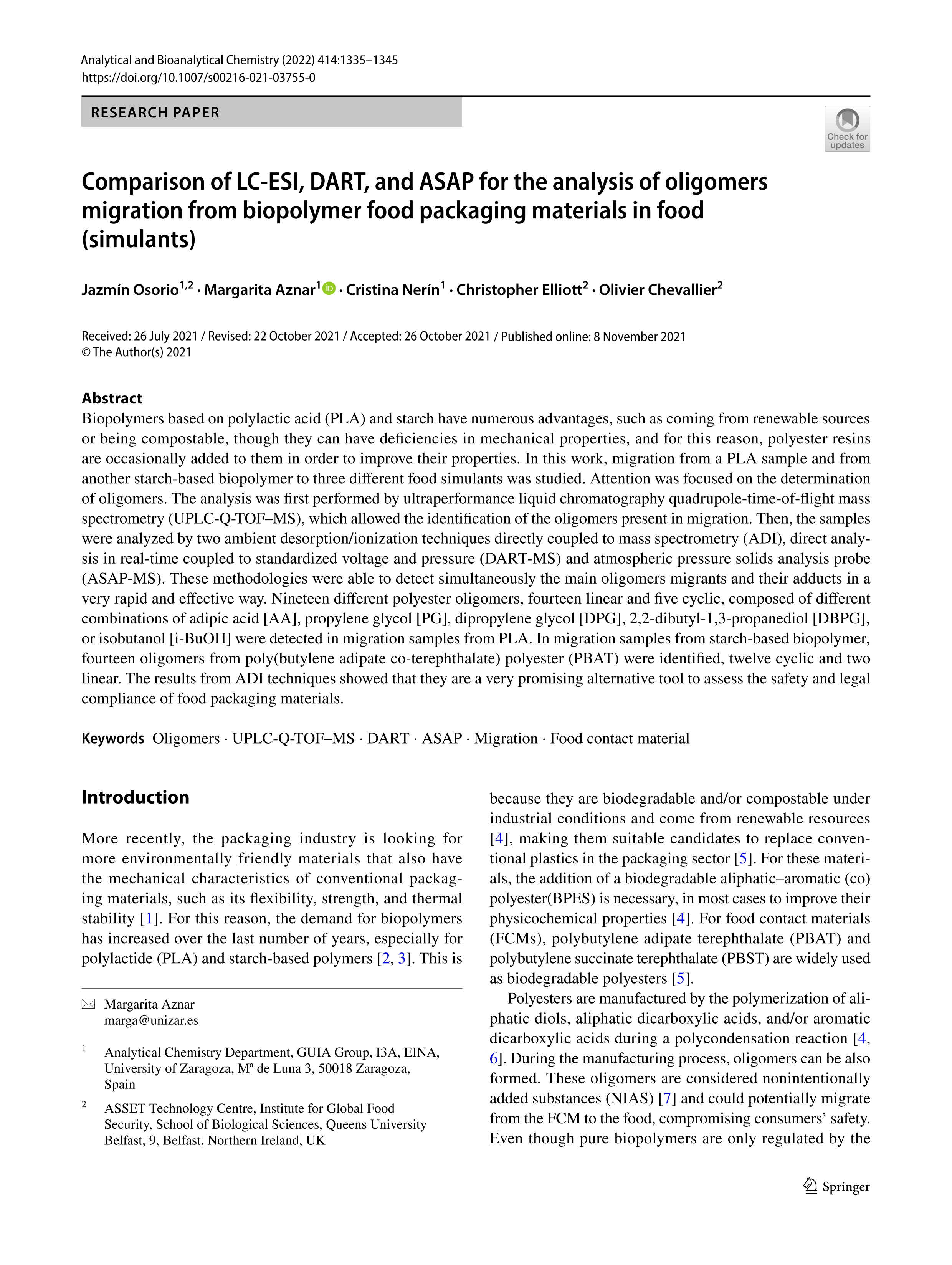 Comparison of LC-ESI, DART, and ASAP for the analysis of oligomers migration from biopolymer food packaging materials in food (simulants)