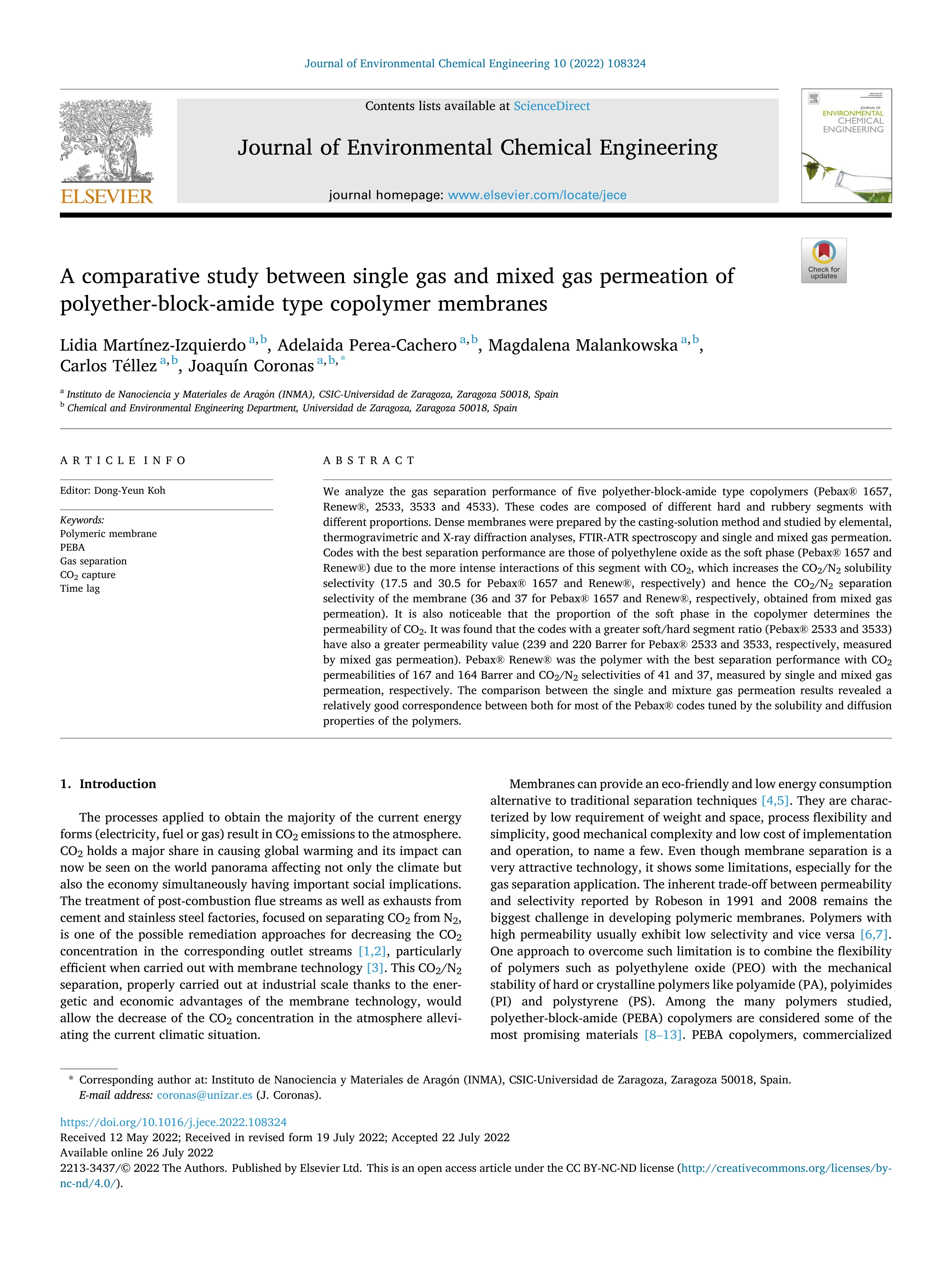 A comparative study between single gas and mixed gas permeation of polyether-block-amide type copolymer membranes