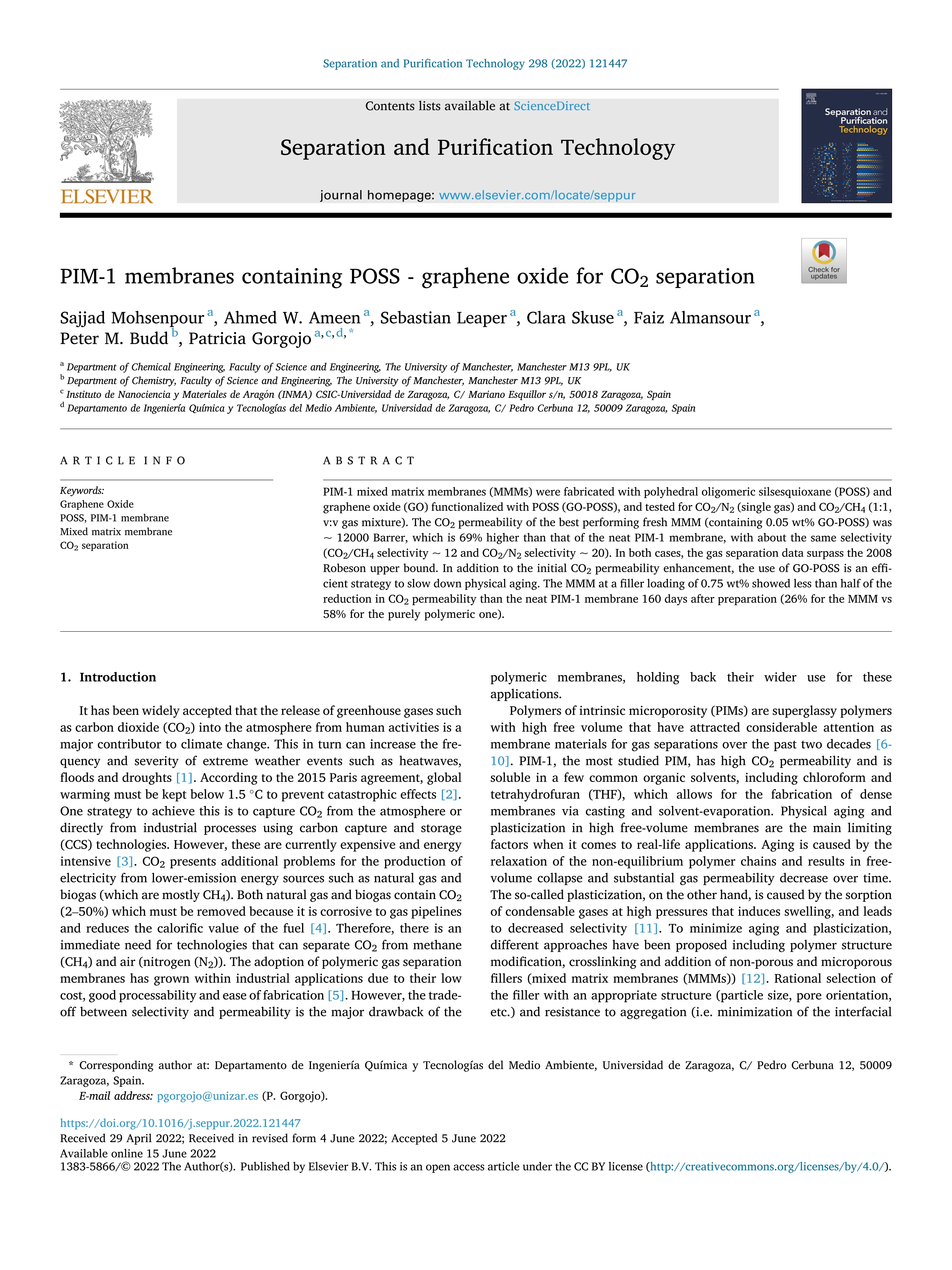 PIM-1 membranes containing POSS - graphene oxide for CO2 separation