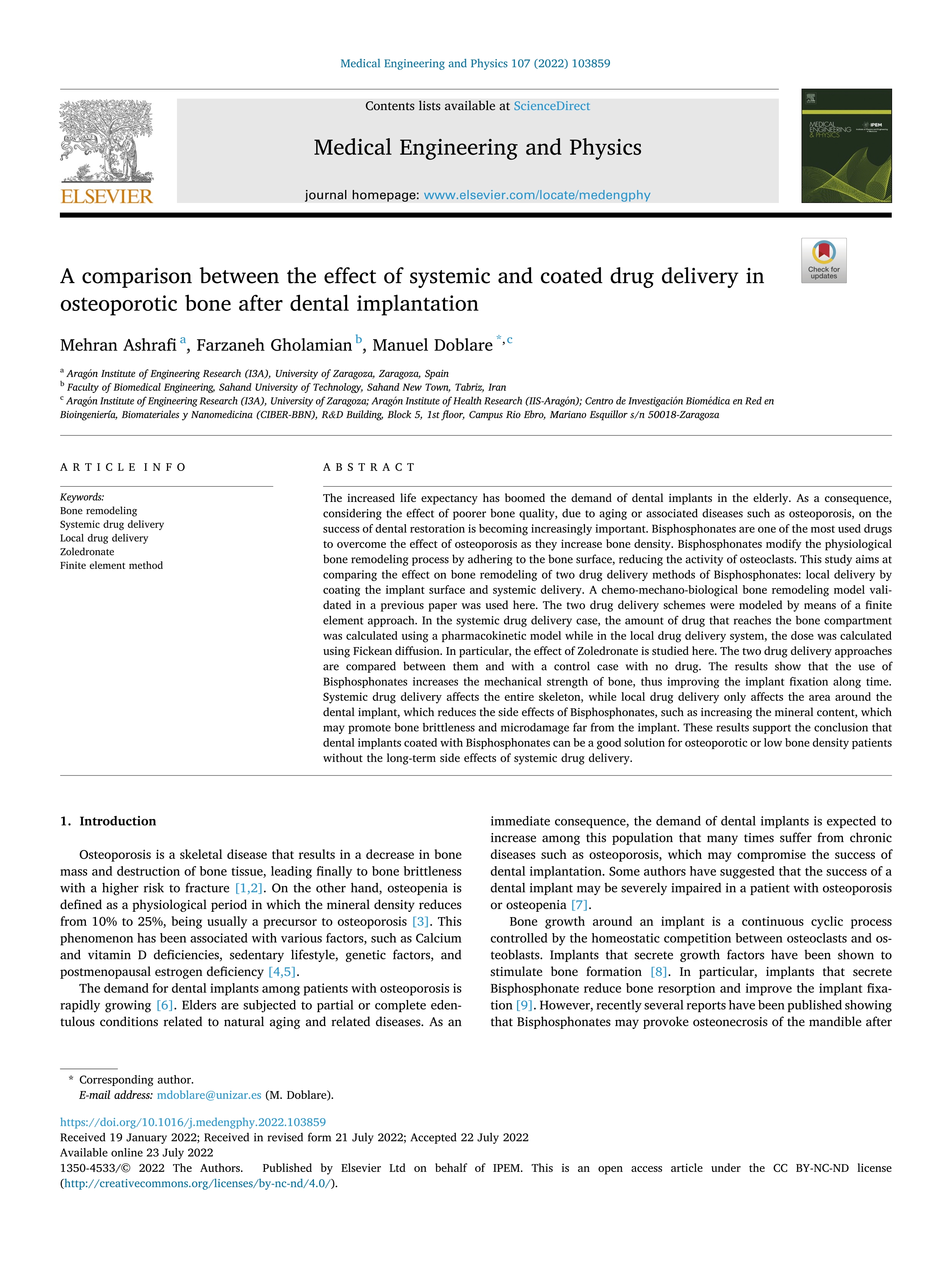 A comparison between the effect of systemic and coated drug delivery in osteoporotic bone after dental implantation