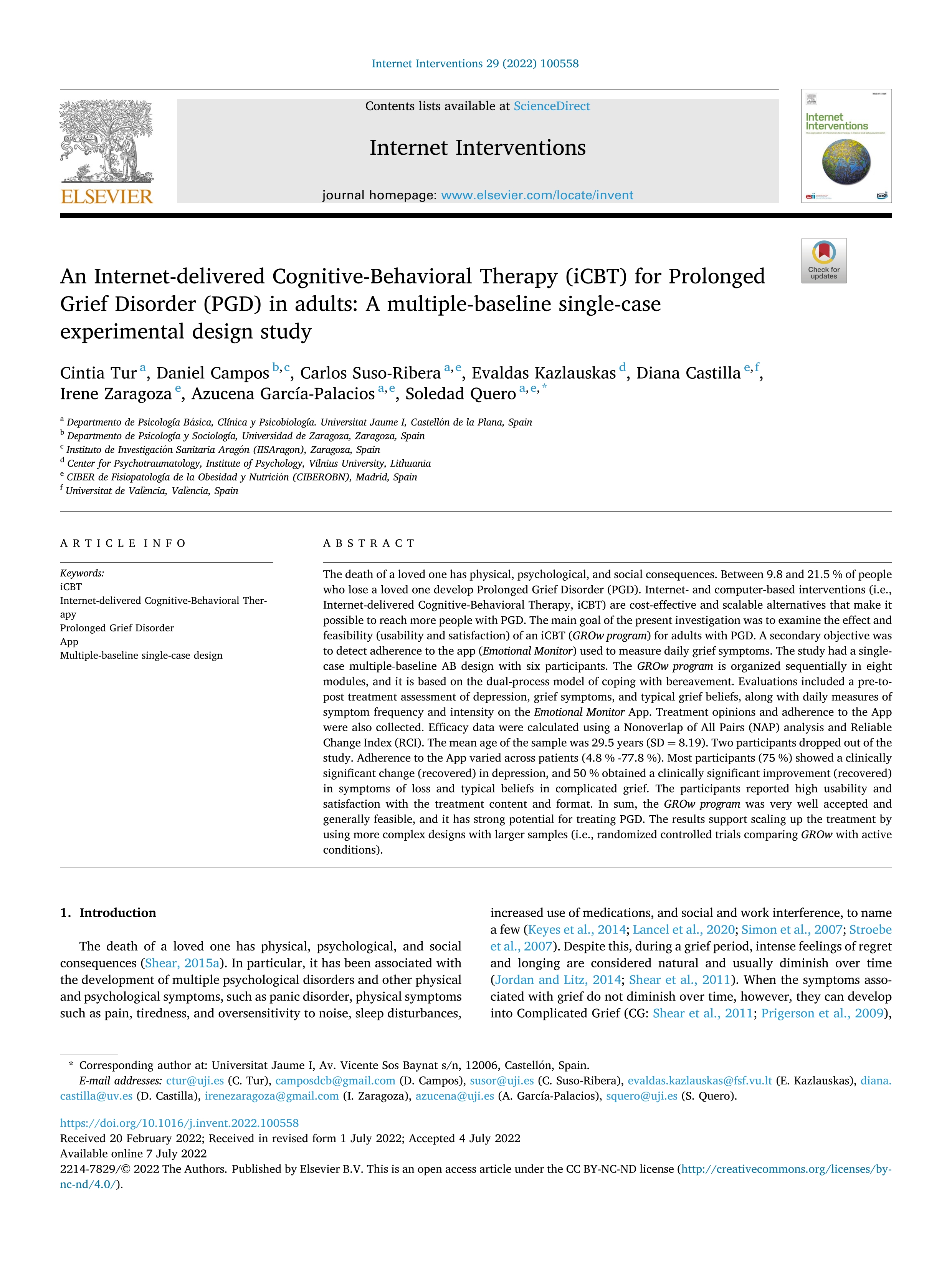 An Internet-delivered Cognitive-Behavioral Therapy (iCBT) for Prolonged Grief Disorder (PGD) in adults: A multiple-baseline single-case experimental design study