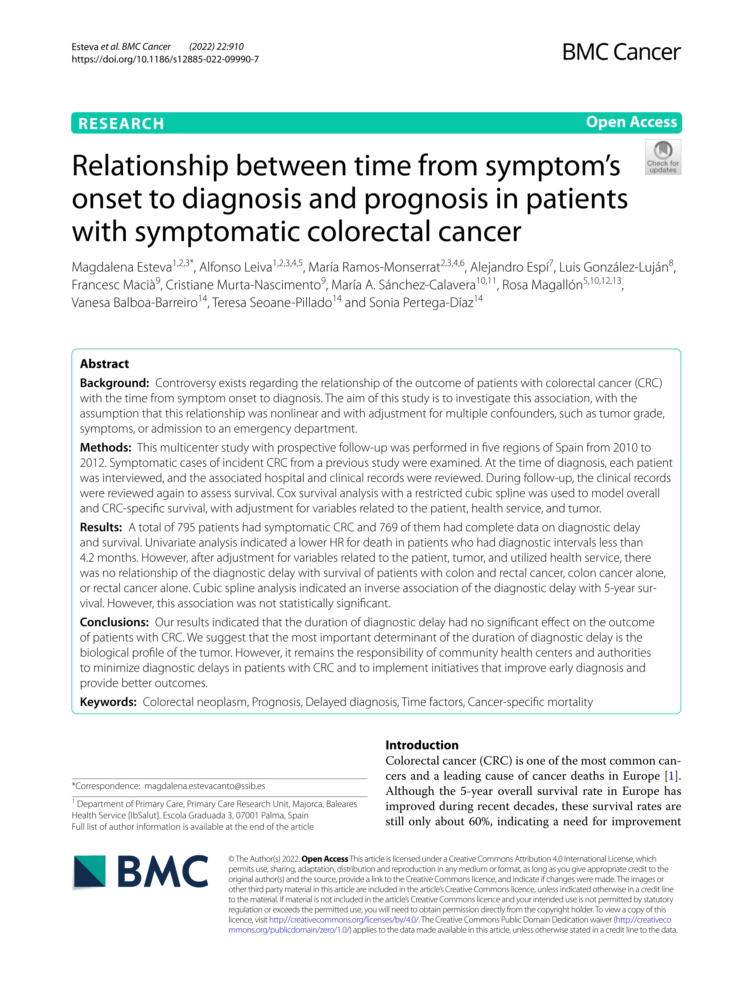 Relationship between time from symptom''s onset to diagnosis and prognosis in patients with symptomatic colorectal cancer