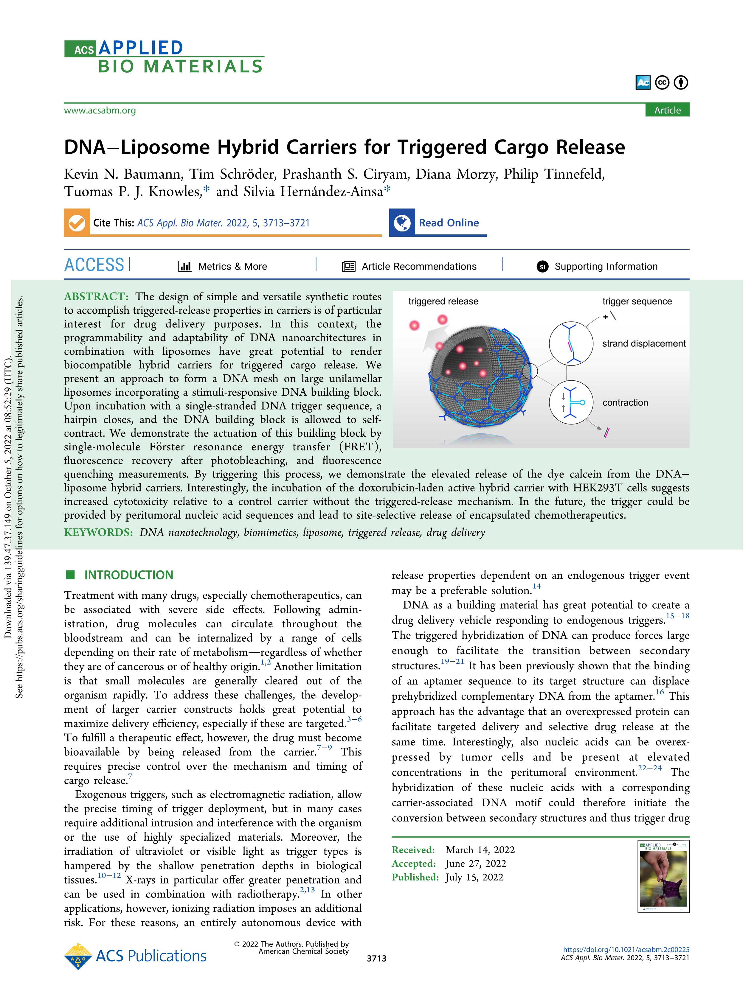 DNA-Liposome Hybrid Carriers for Triggered Cargo Release