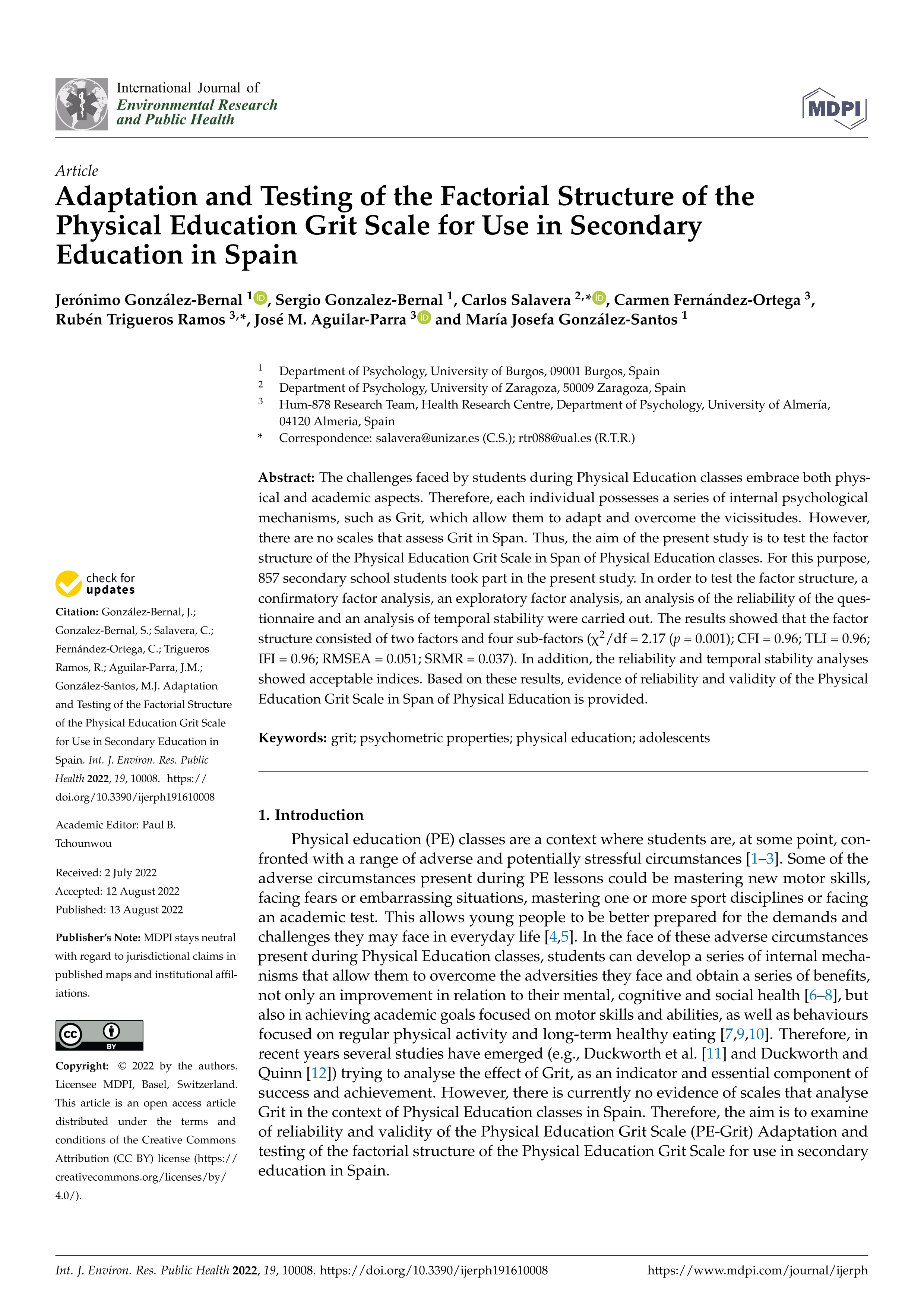 Adaptation and Testing of the Factorial Structure of the Physical Education Grit Scale for Use in Secondary Education in Spain