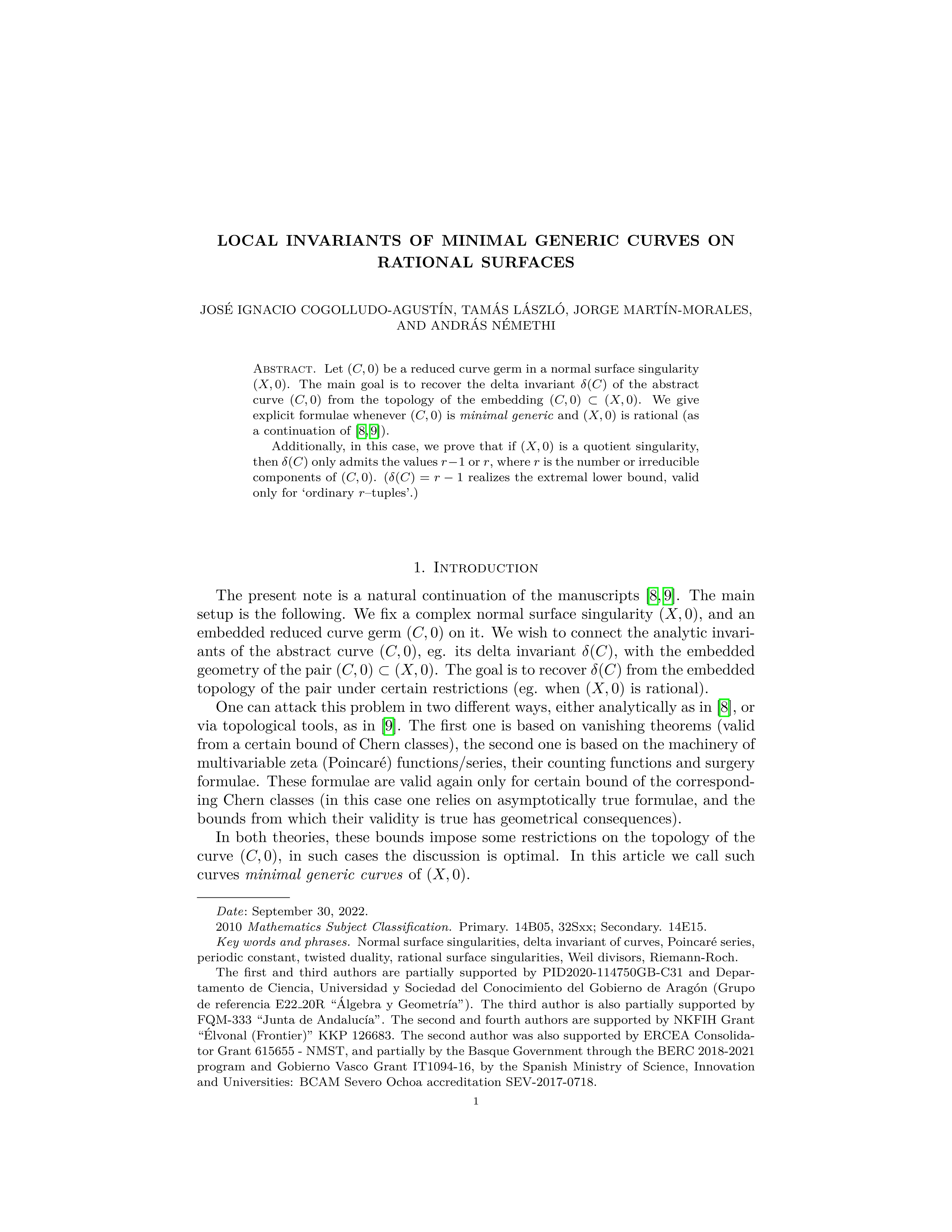 Local invariants of minimal generic curves on rational surfaces