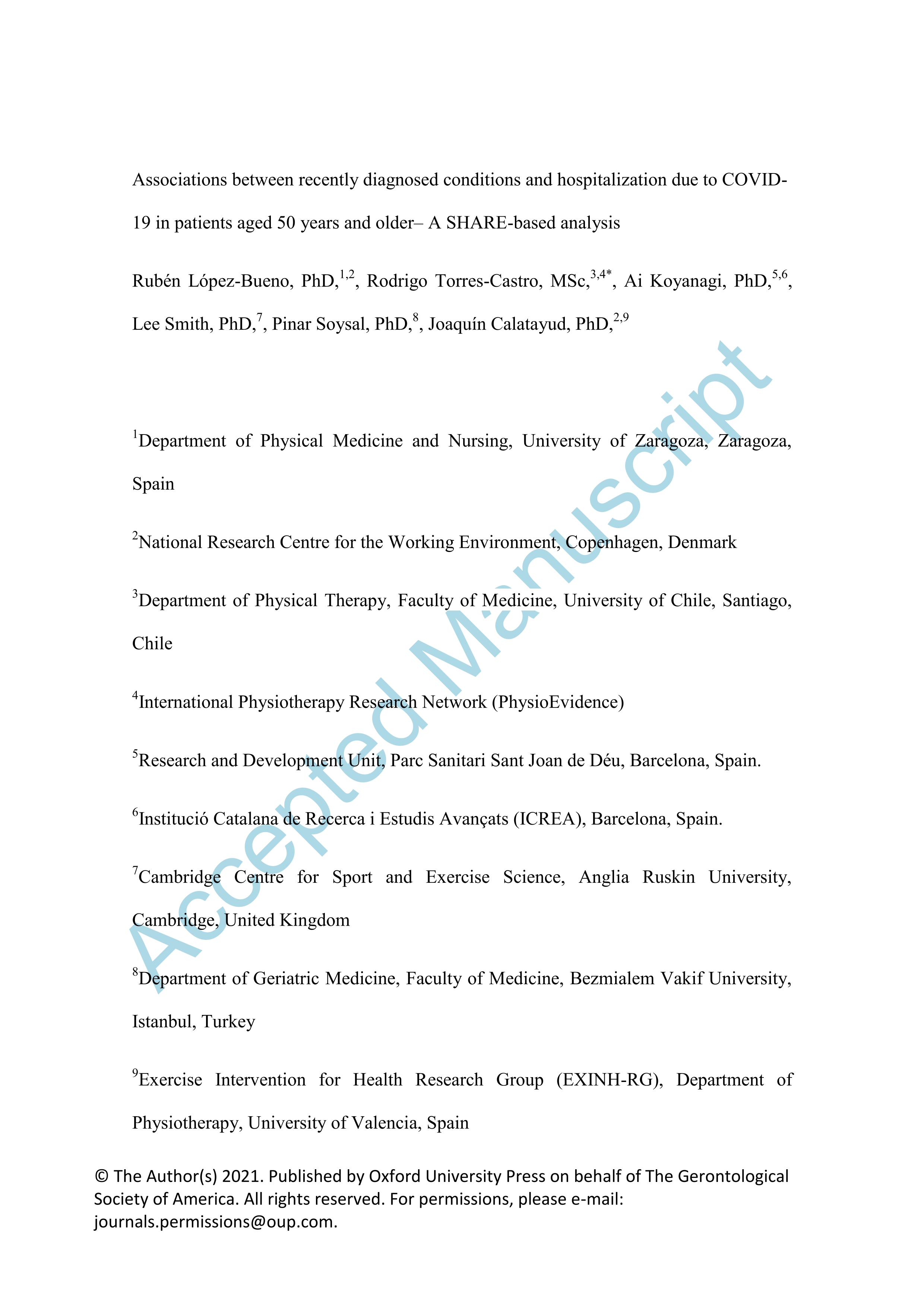 Associations between recently diagnosed conditions and hospitalization due to COVID-19 in patients aged 50 years and older - A SHARE-based analysis