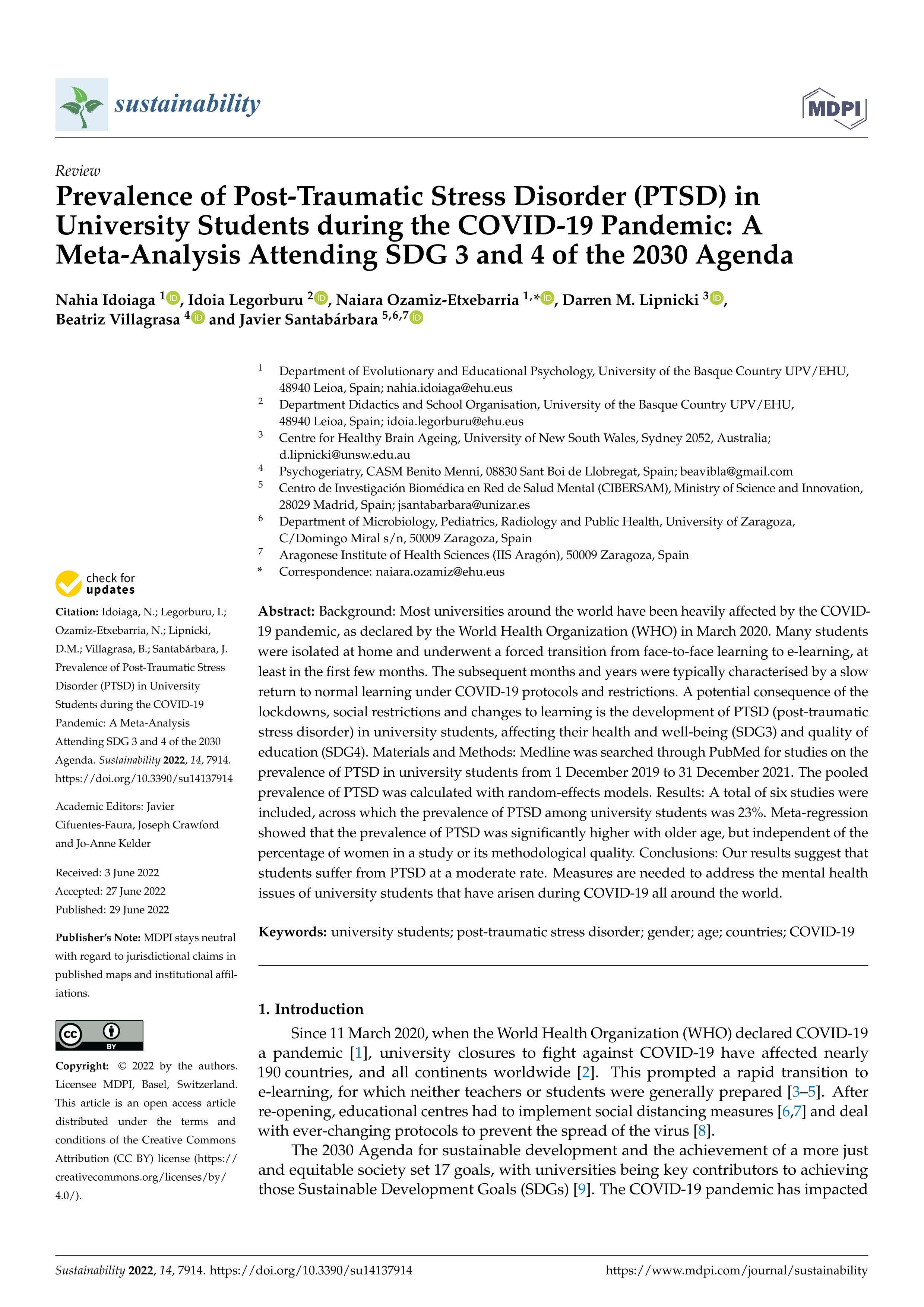 Prevalence of post-traumatic stress disorder (PTSD) in university students during the COVID-19 pandemic: a meta-analysis attending SDG 3 and 4 of the 2030 agenda