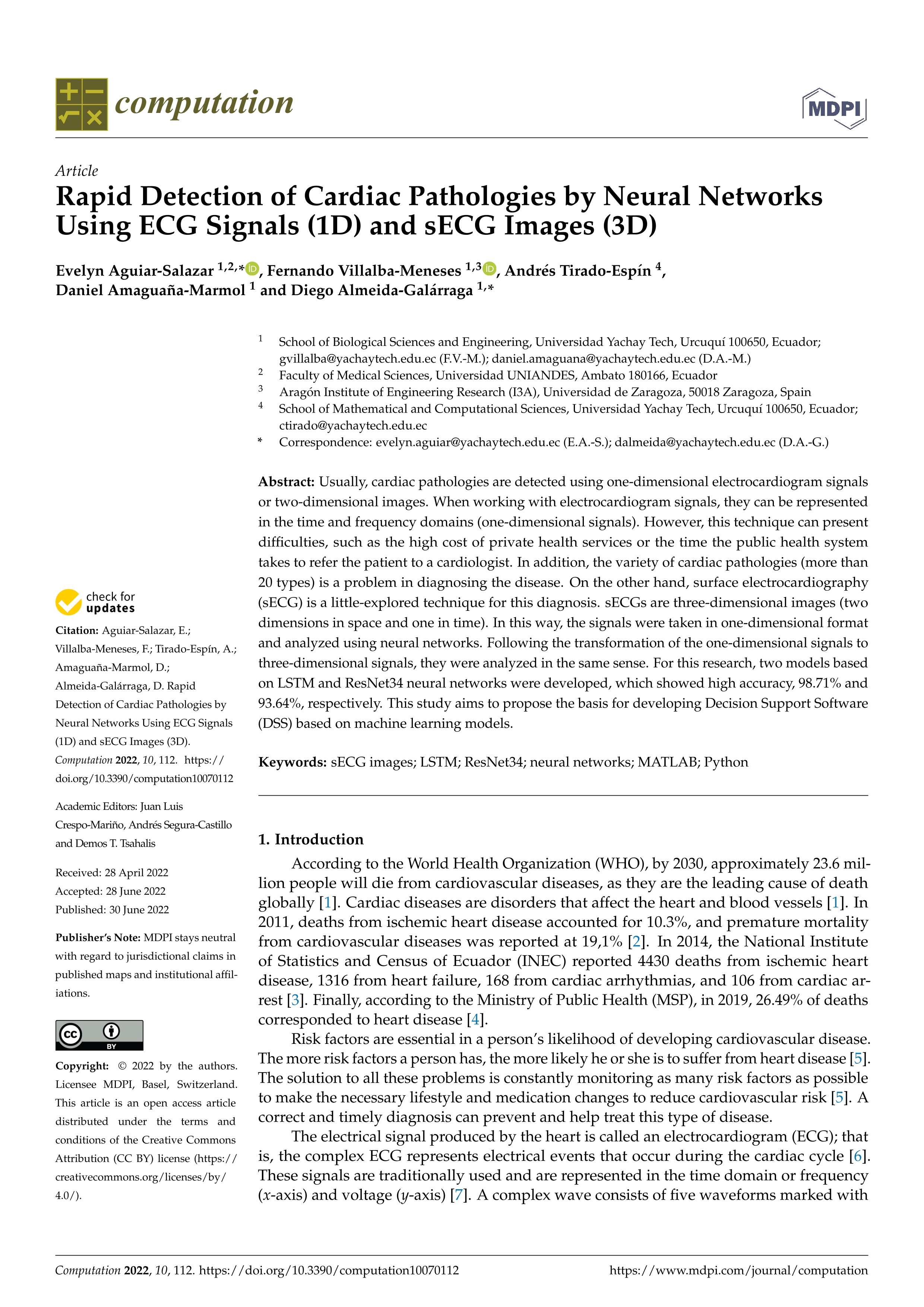 Rapid detection of cardiac pathologies by neural networks using ECG signals (1D) and sECG images (3D)
