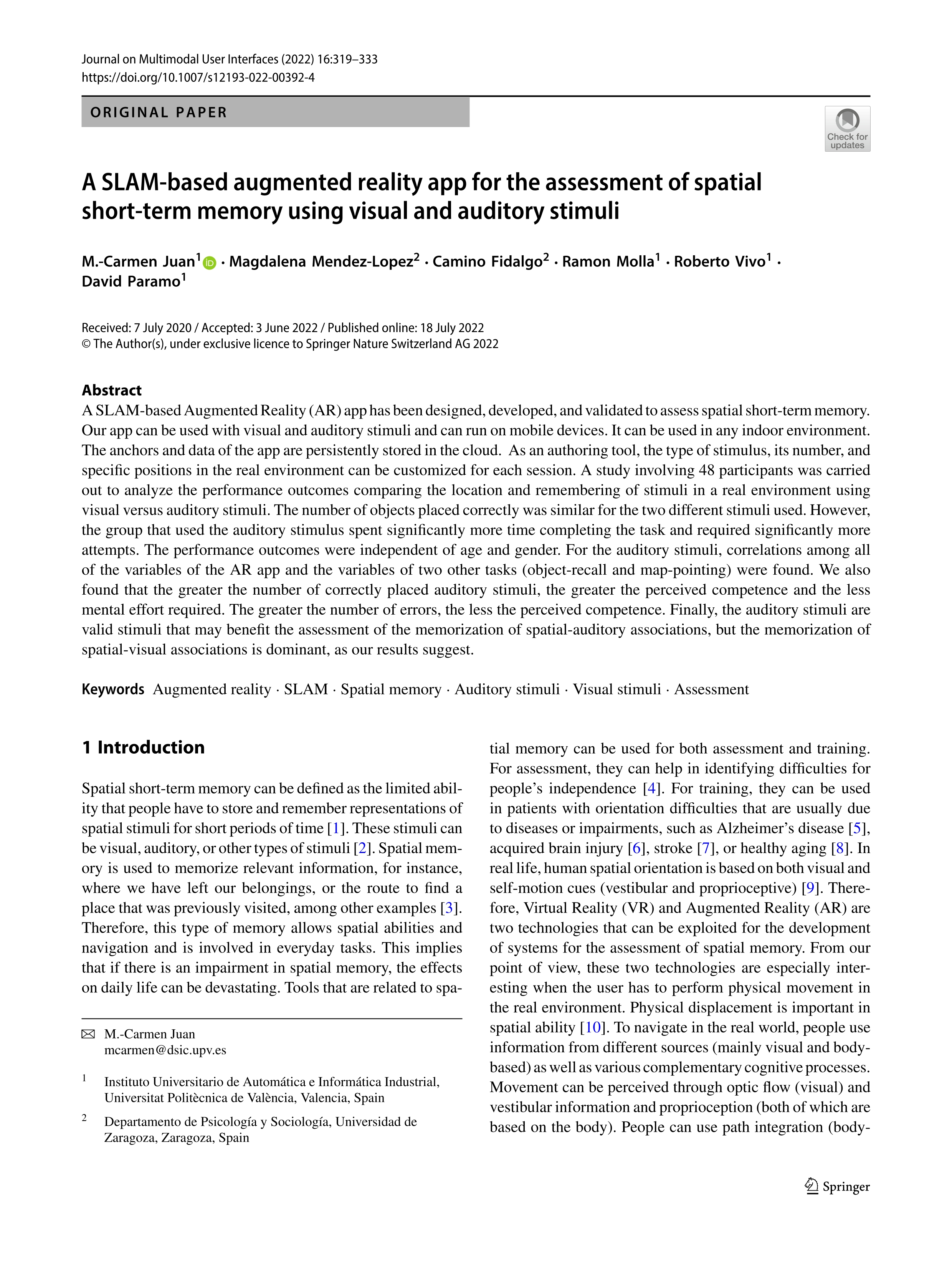 A SLAM-based augmented reality app for the assessment of spatial short-term memory using visual and auditory stimuli