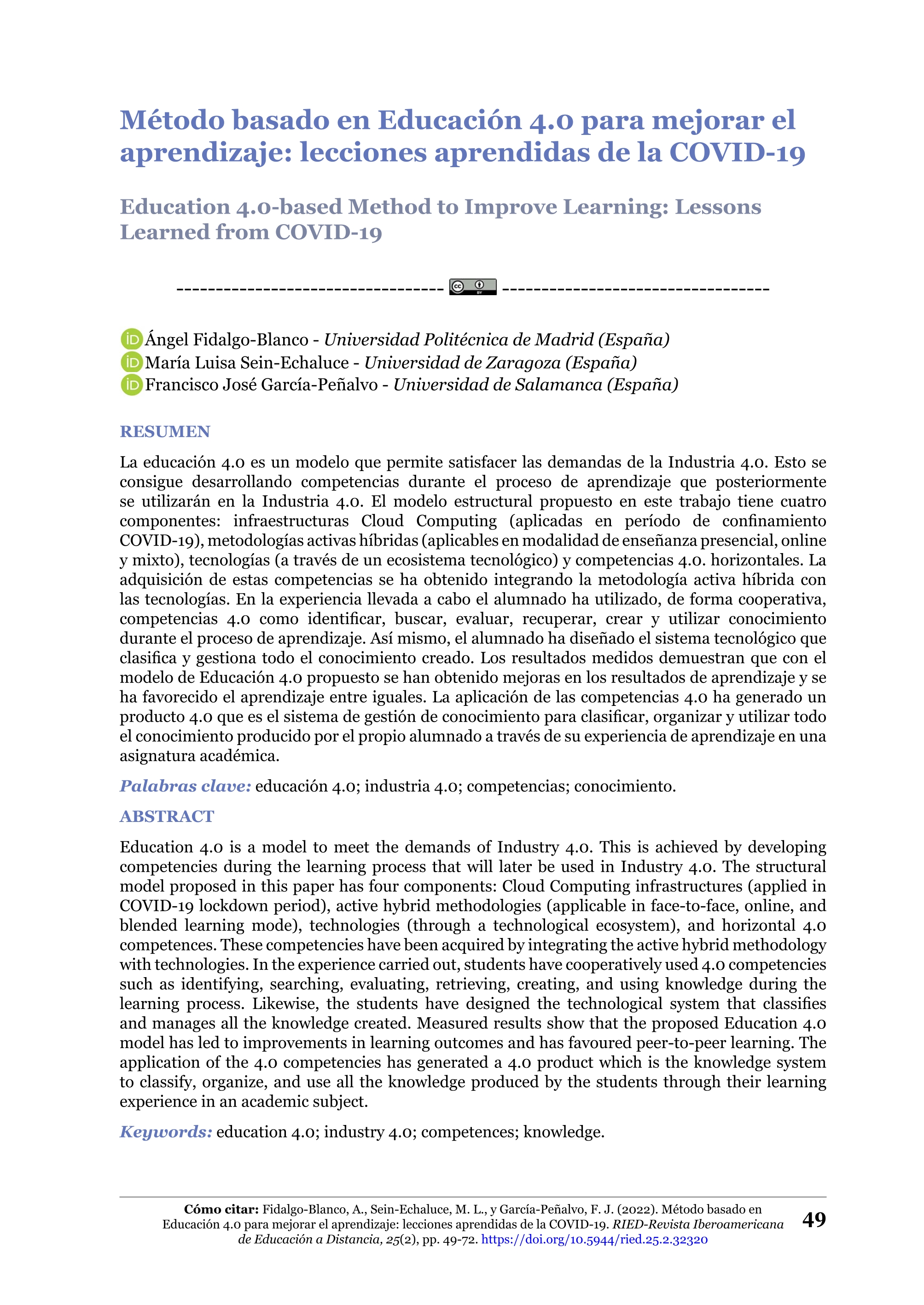 Método basado en Educación 4.0 para mejorar el aprendizaje: lecciones aprendidas de la COVID-19