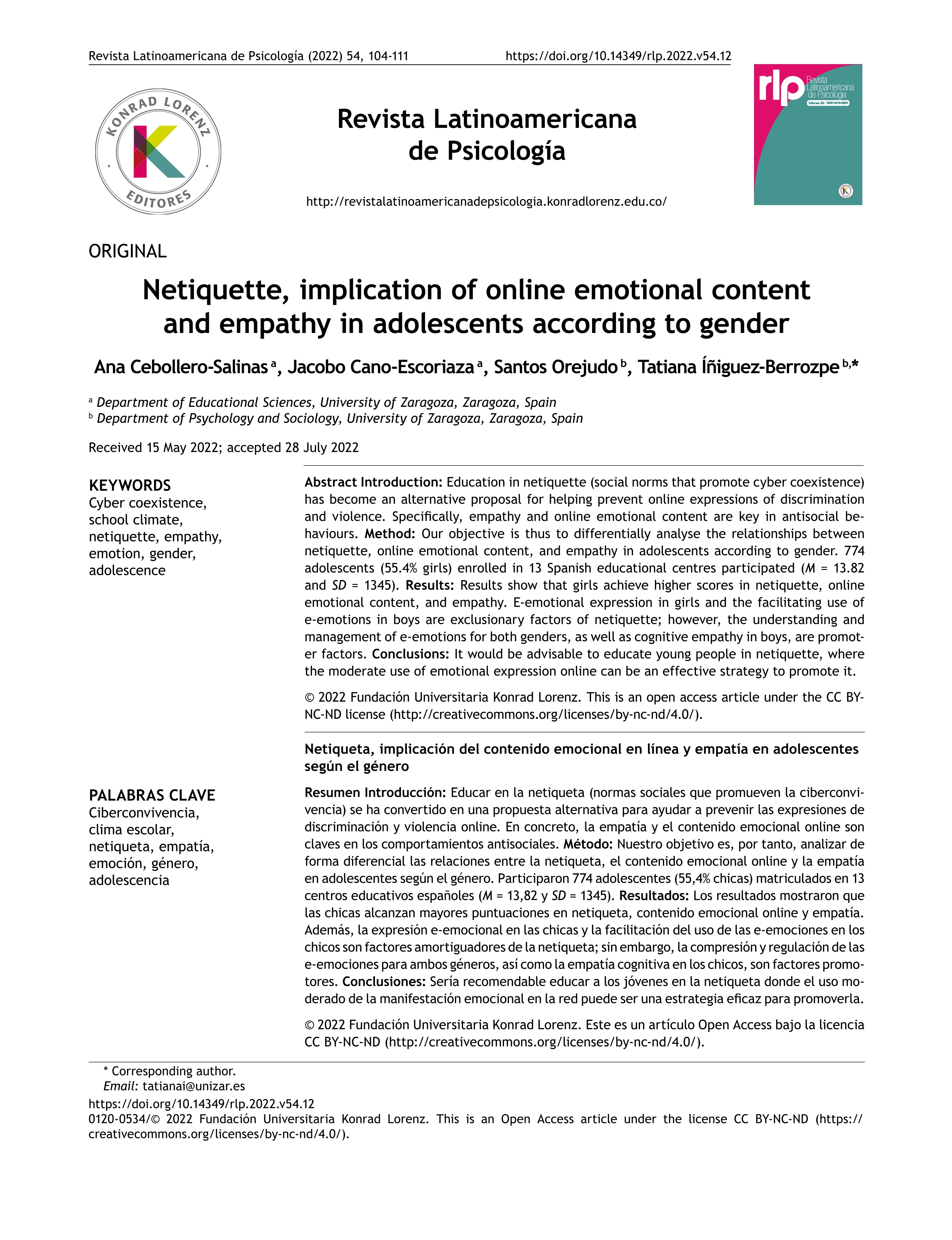 Netiquette, implication of online emotional content and empathy in adolescents according to gender