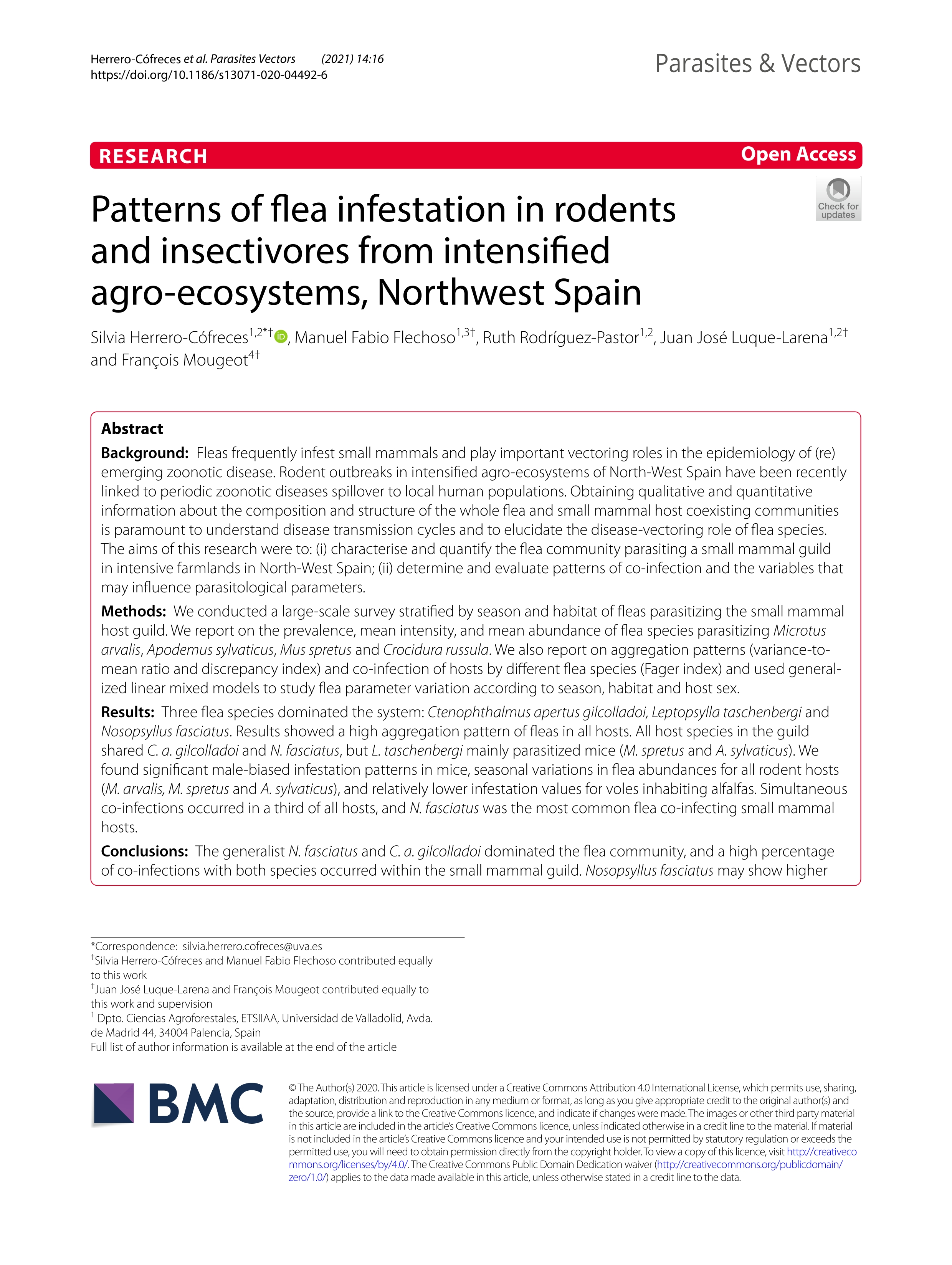 Patterns of flea infestation in rodents and insectivores from intensified agro-ecosystems, Northwest Spain.