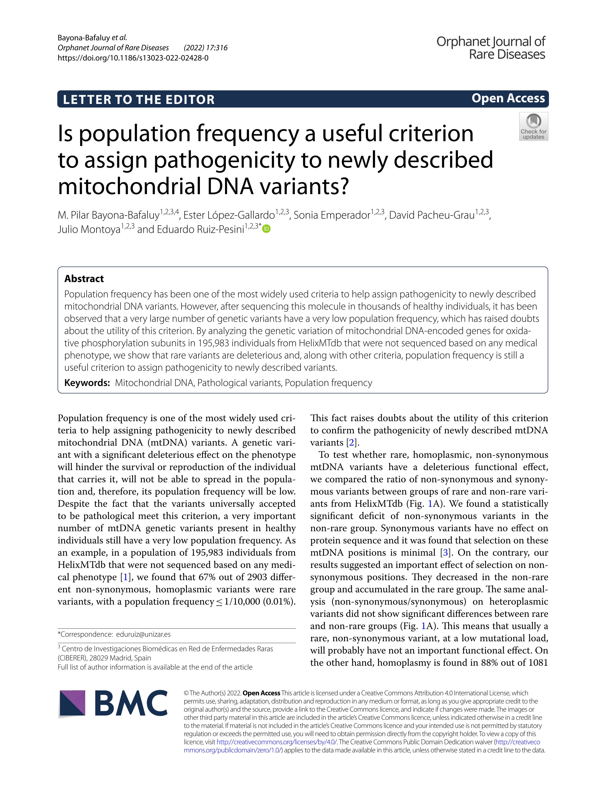 Is population frequency a useful criterion to assign pathogenicity to newly described mitochondrial DNA variants?