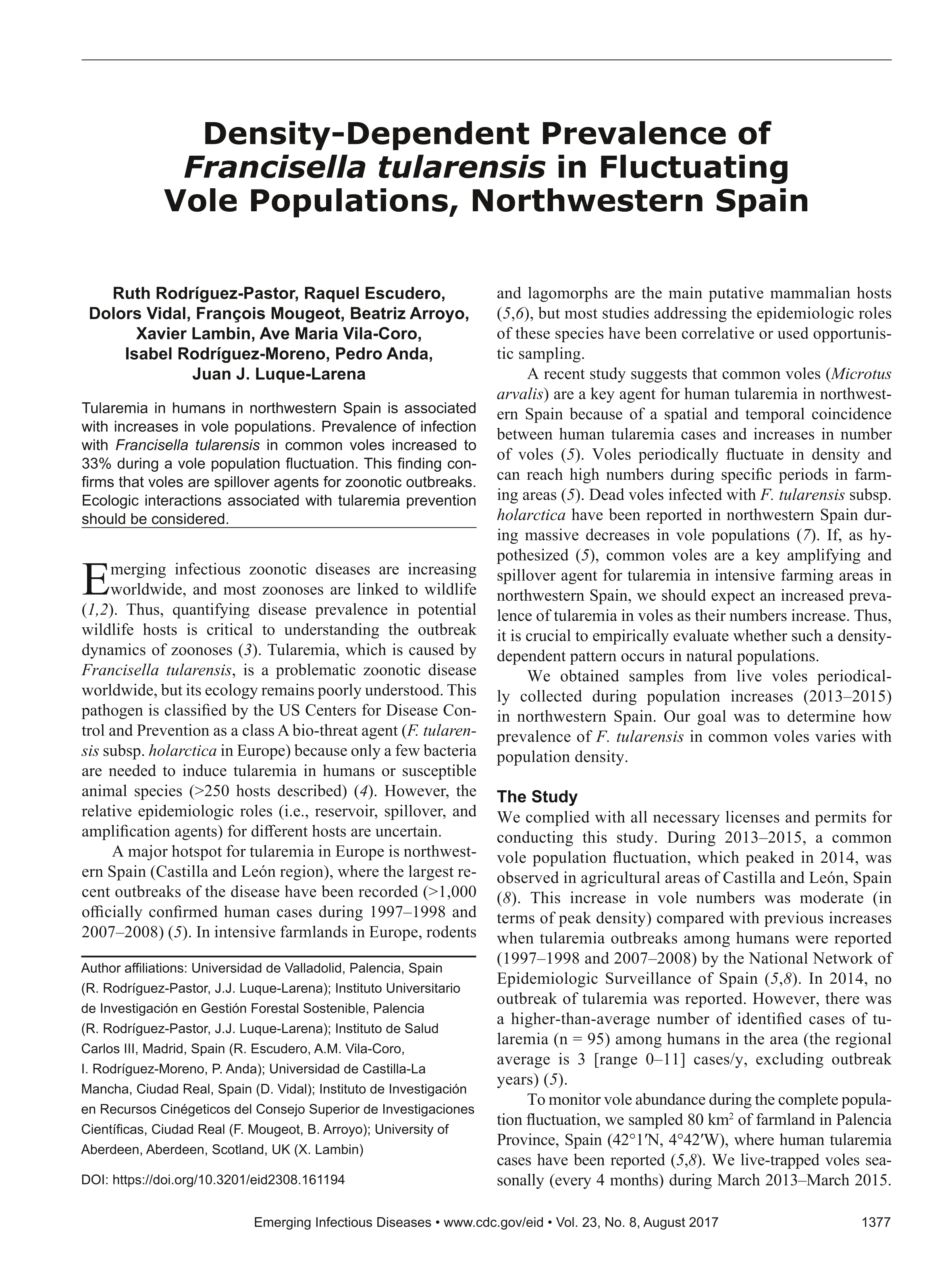Density-Dependent Prevalence of Francisella tularensis in Fluctuating Vole Populations, Northwestern Spain