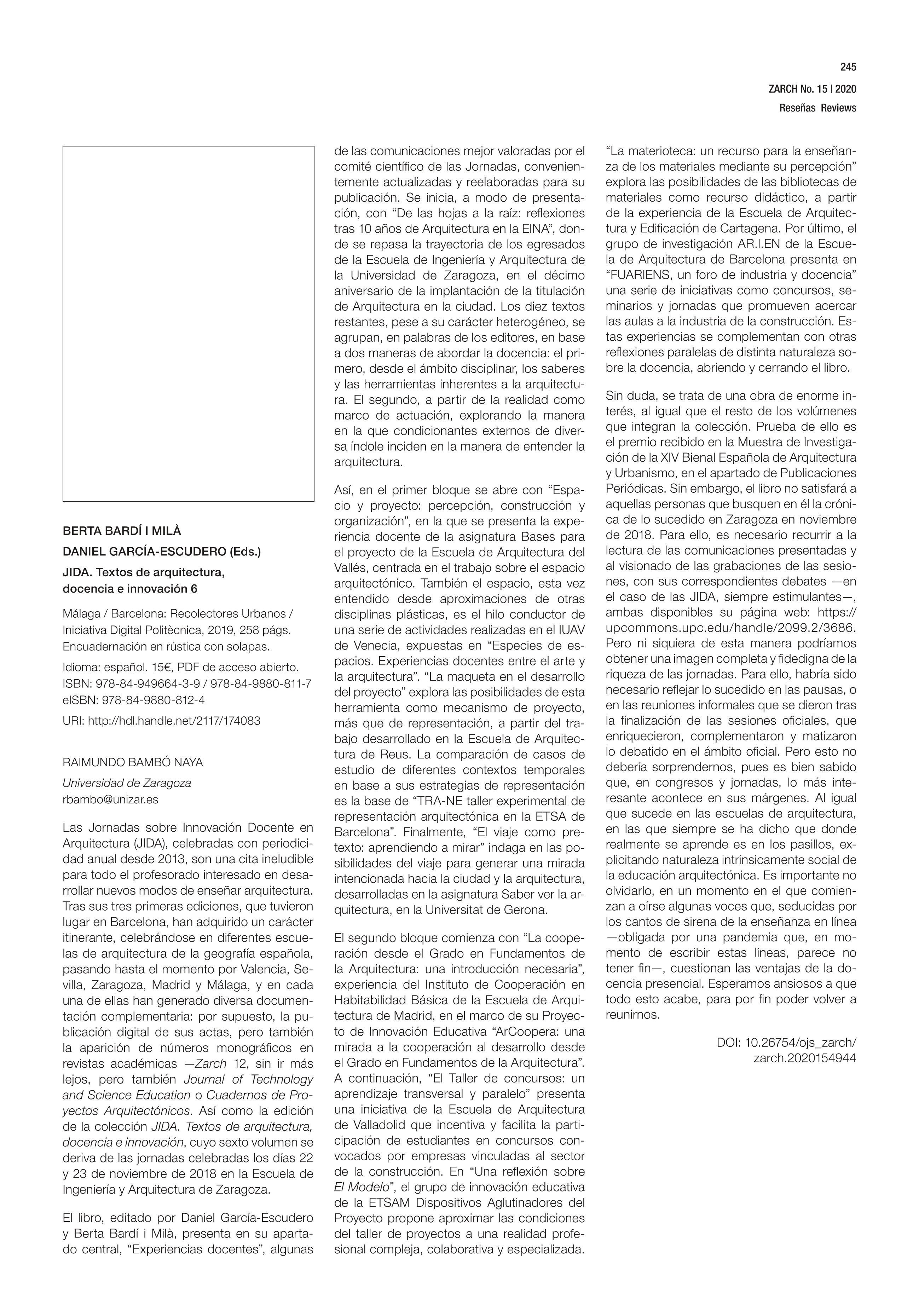 Berta Bardí I Milà, Daniel García-Escudero (Eds.) JIDA. Textos de arquitectura, docencia e innovación 6