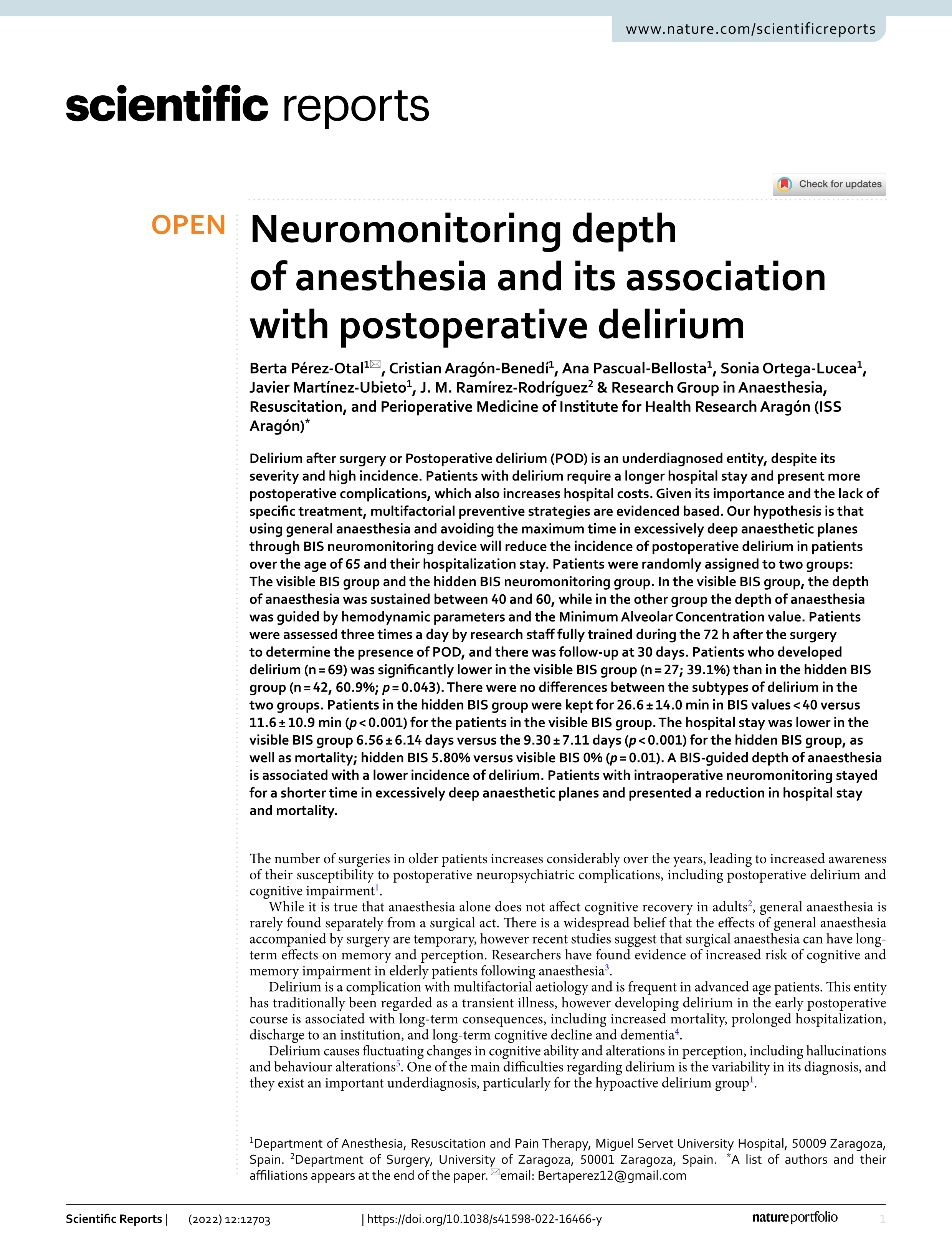 Neuromonitoring depth of anesthesia and its association with postoperative delirium