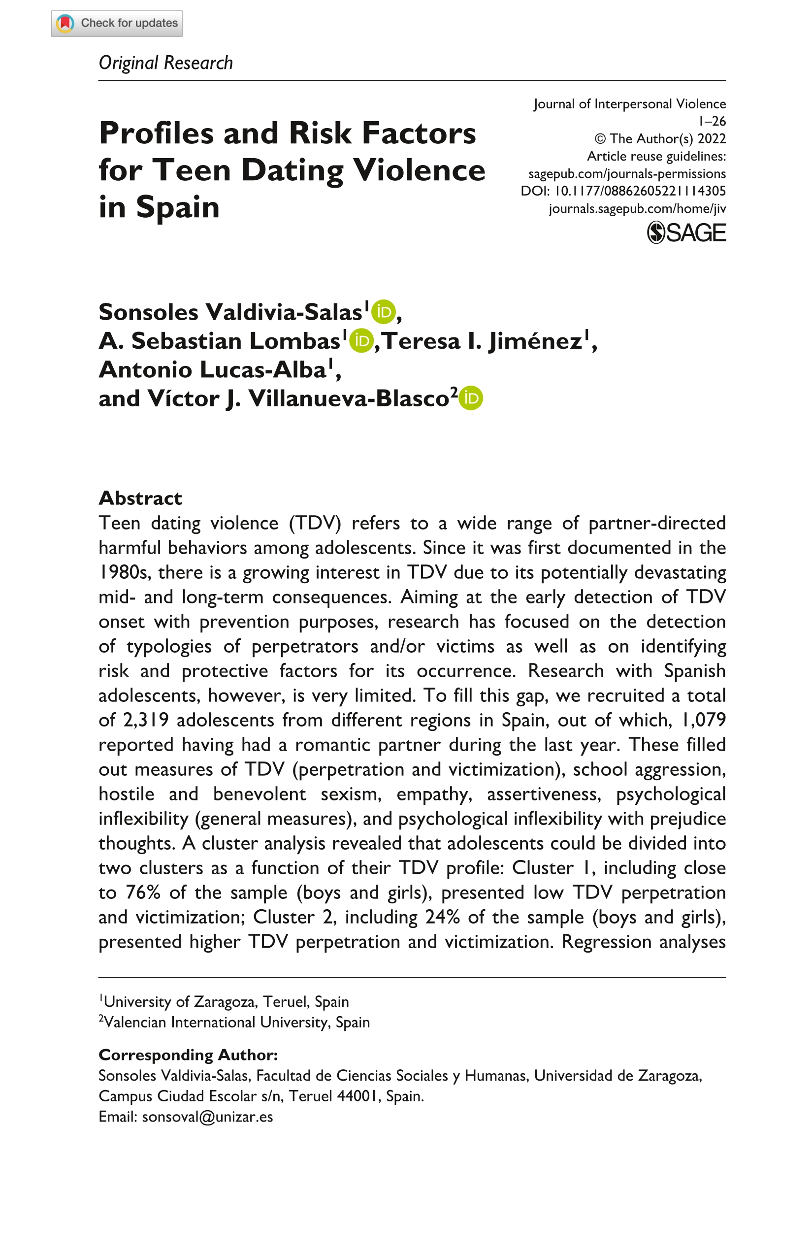 Profiles and risk factors for teen dating violence in Spain