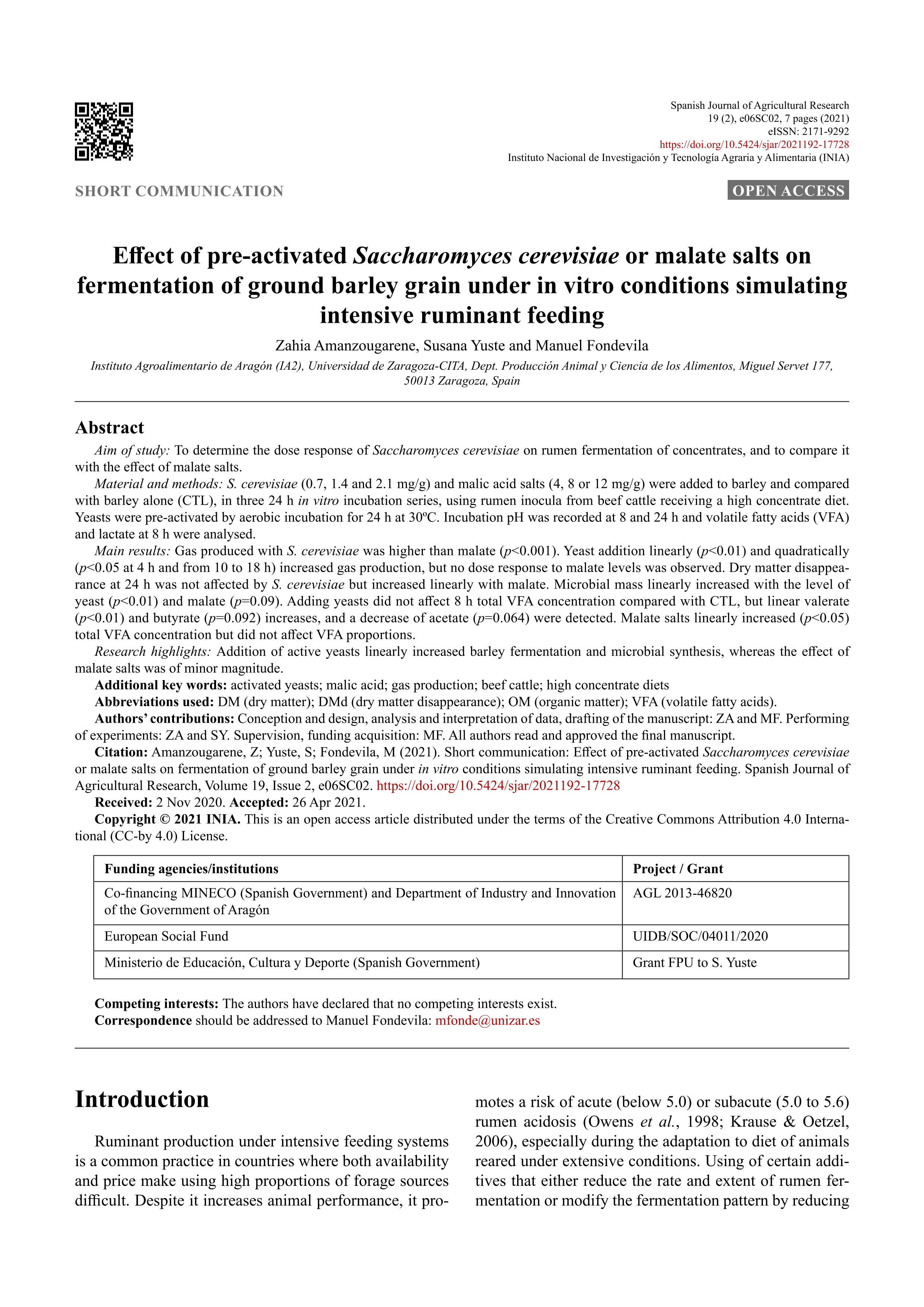 Effect of pre-activated Saccharomyces cerevisiae or malate salts on fermentation of ground barley grain under in vitro conditions simulating intensive ruminant feeding