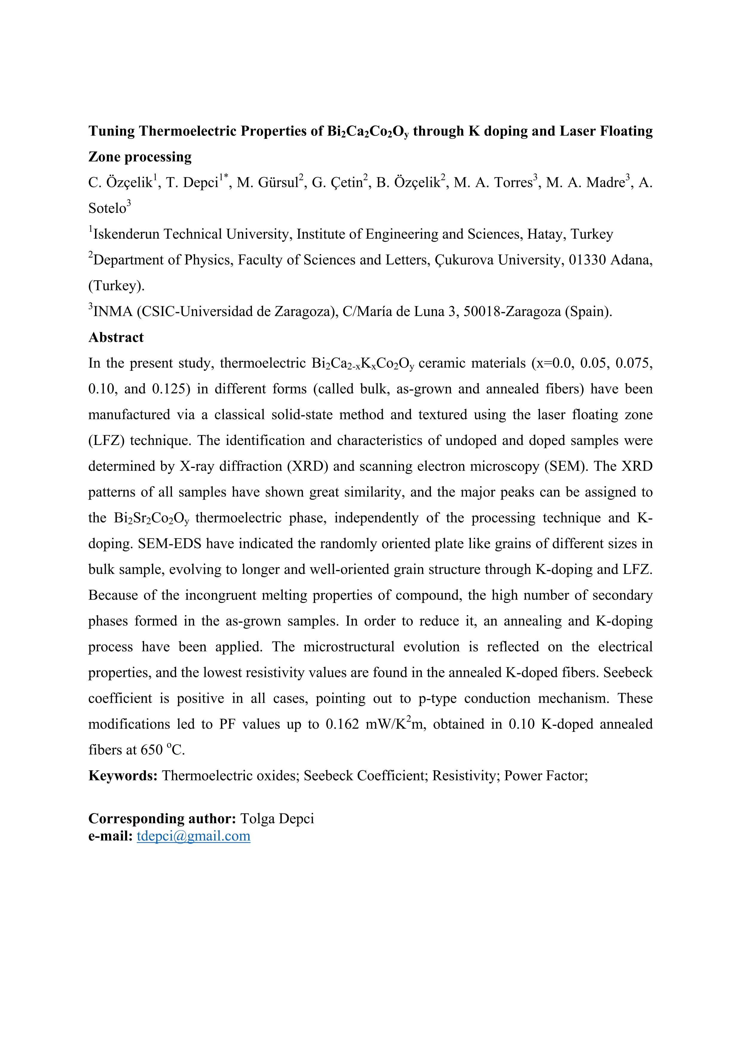 Tuning thermoelectric properties of Bi2Ca2Co2Oy through K doping and laser floating zone processing