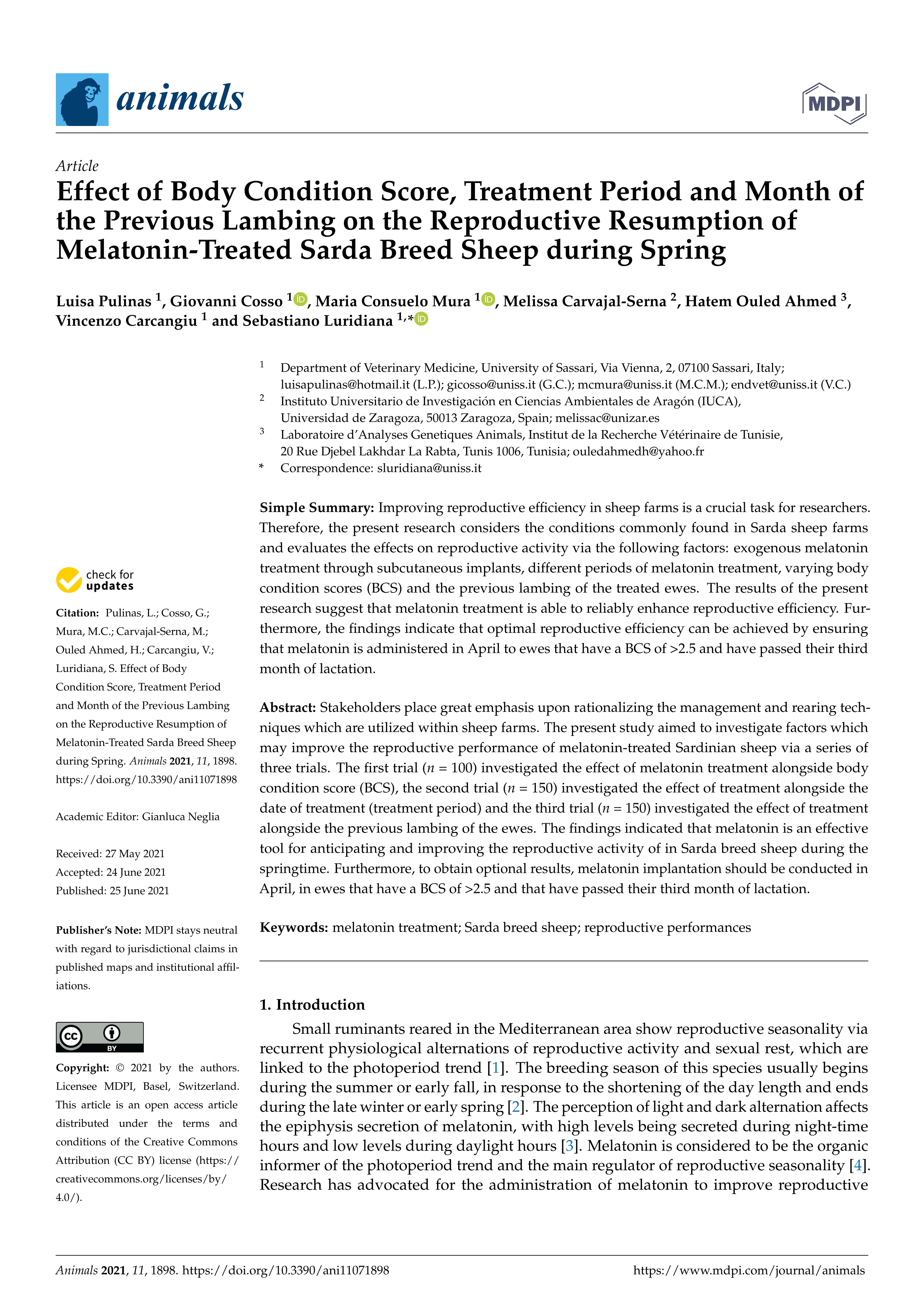 Effect of body condition score, treatment period and month of the previous lambing on the reproductive resumption of melatonin-treated sarda breed sheep during spring