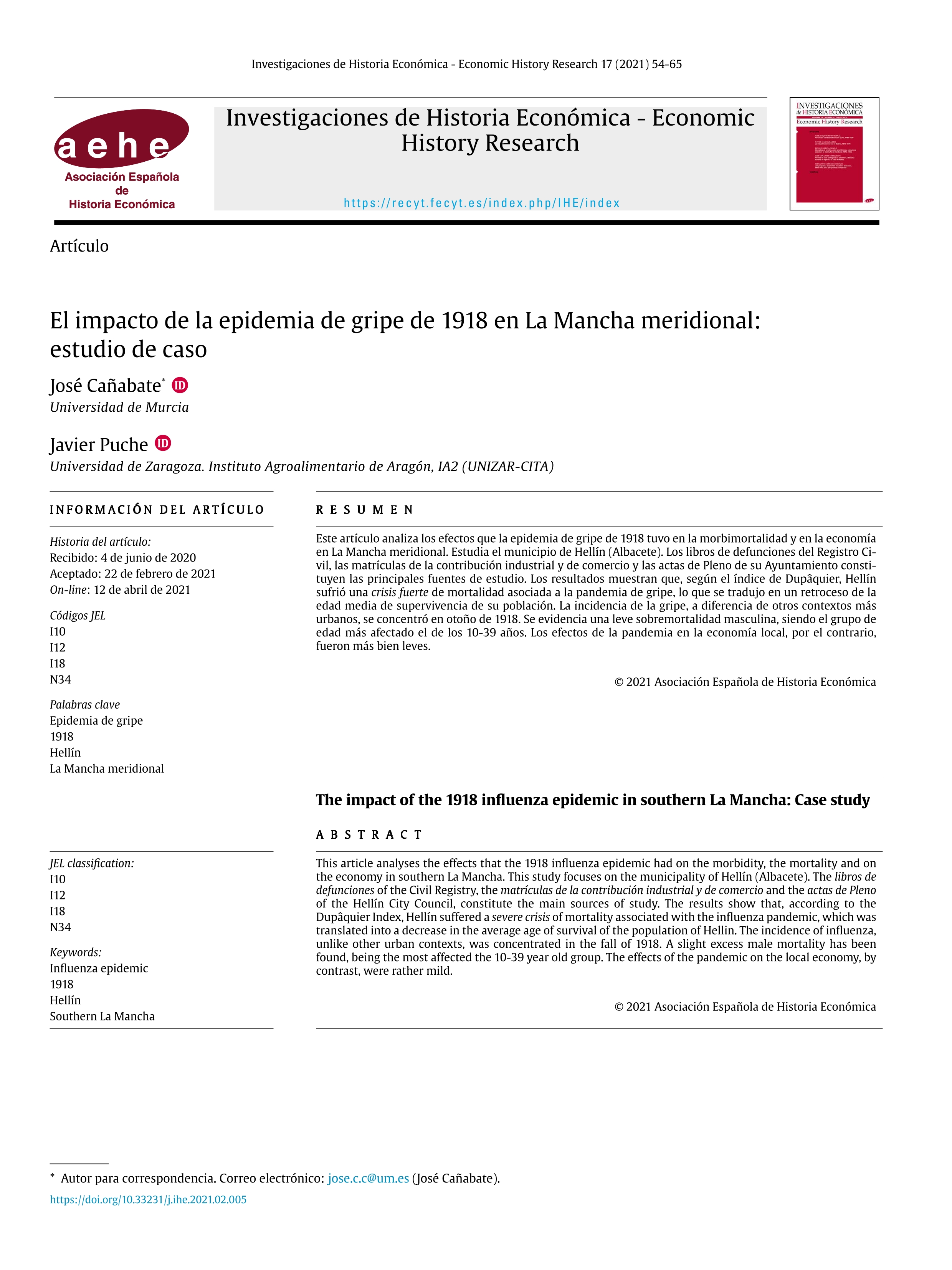 El impacto de la epidemia de gripe de 1918 en La Mancha meridional: estudio de caso