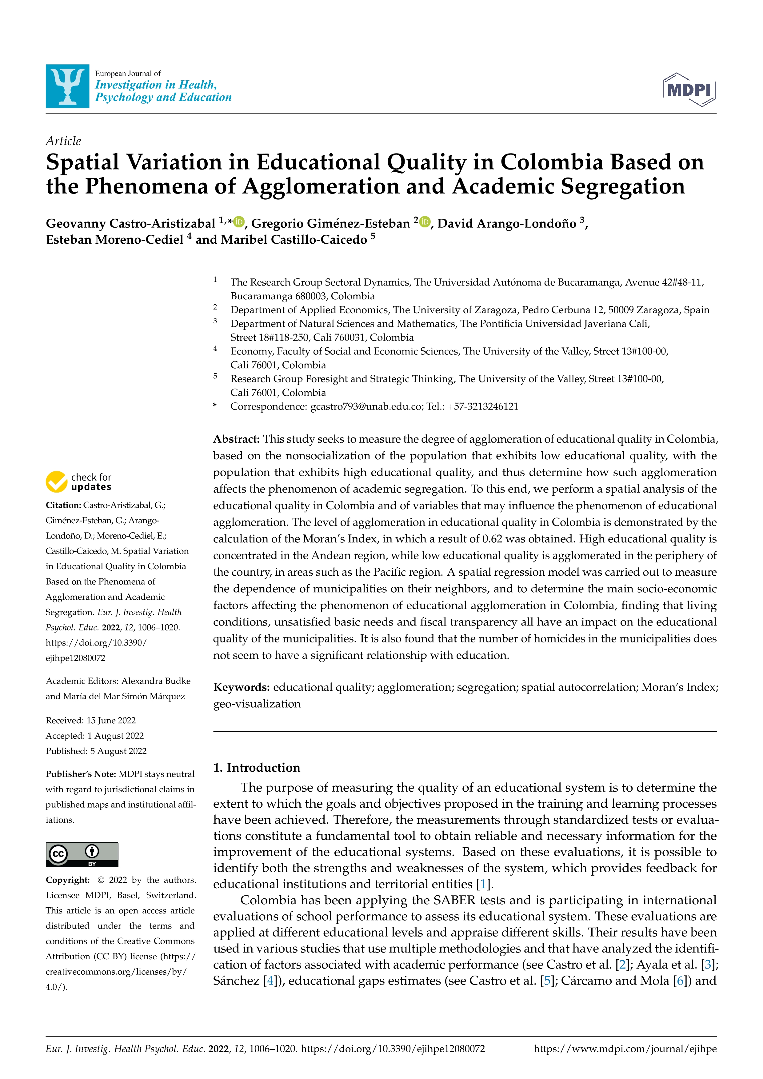 Spatial variation in educational quality in Colombia based on the phenomena of agglomeration and academic segregation