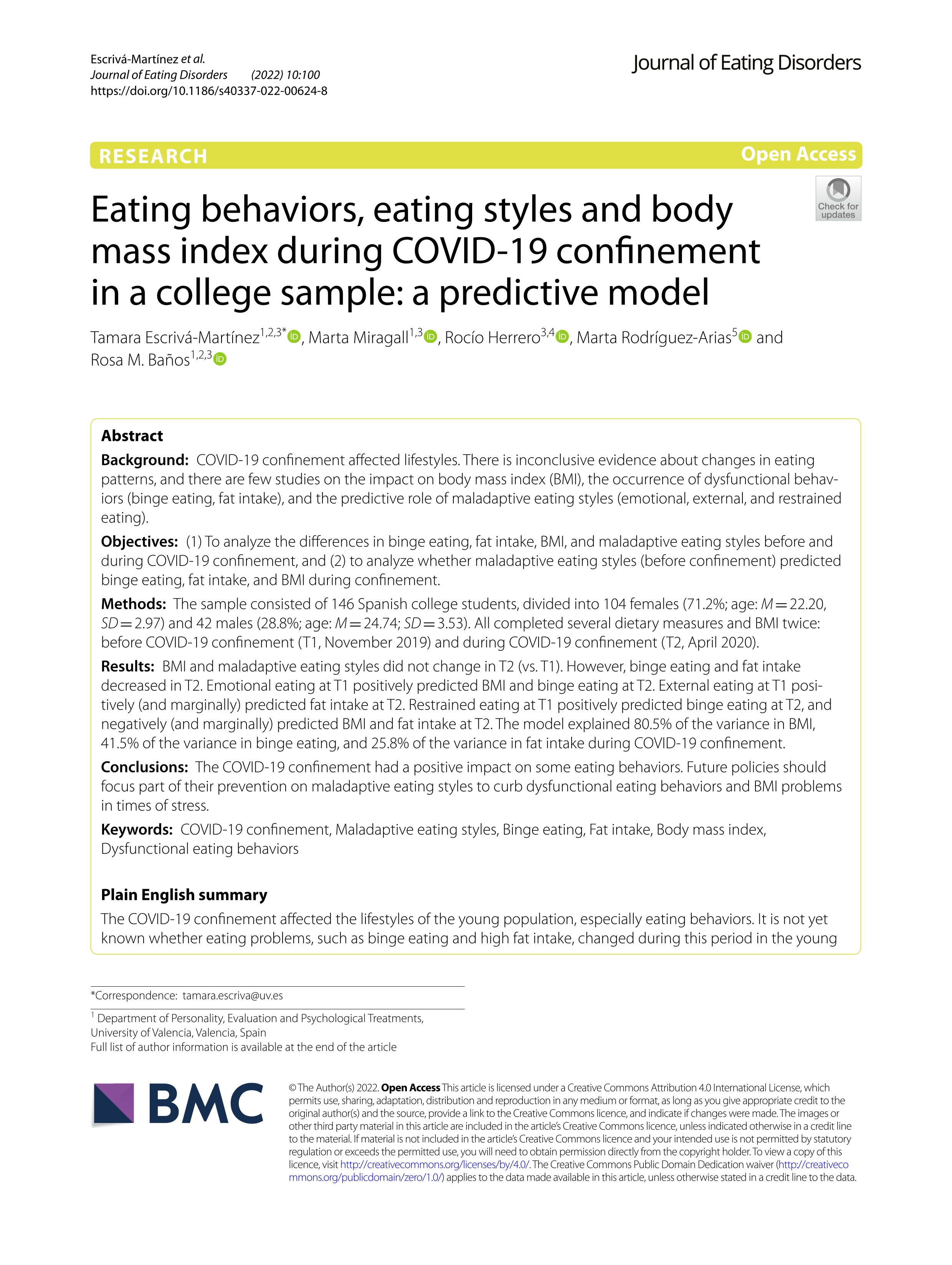 Eating behaviors, eating styles and body mass index during COVID-19 confinement in a college sample: a predictive model