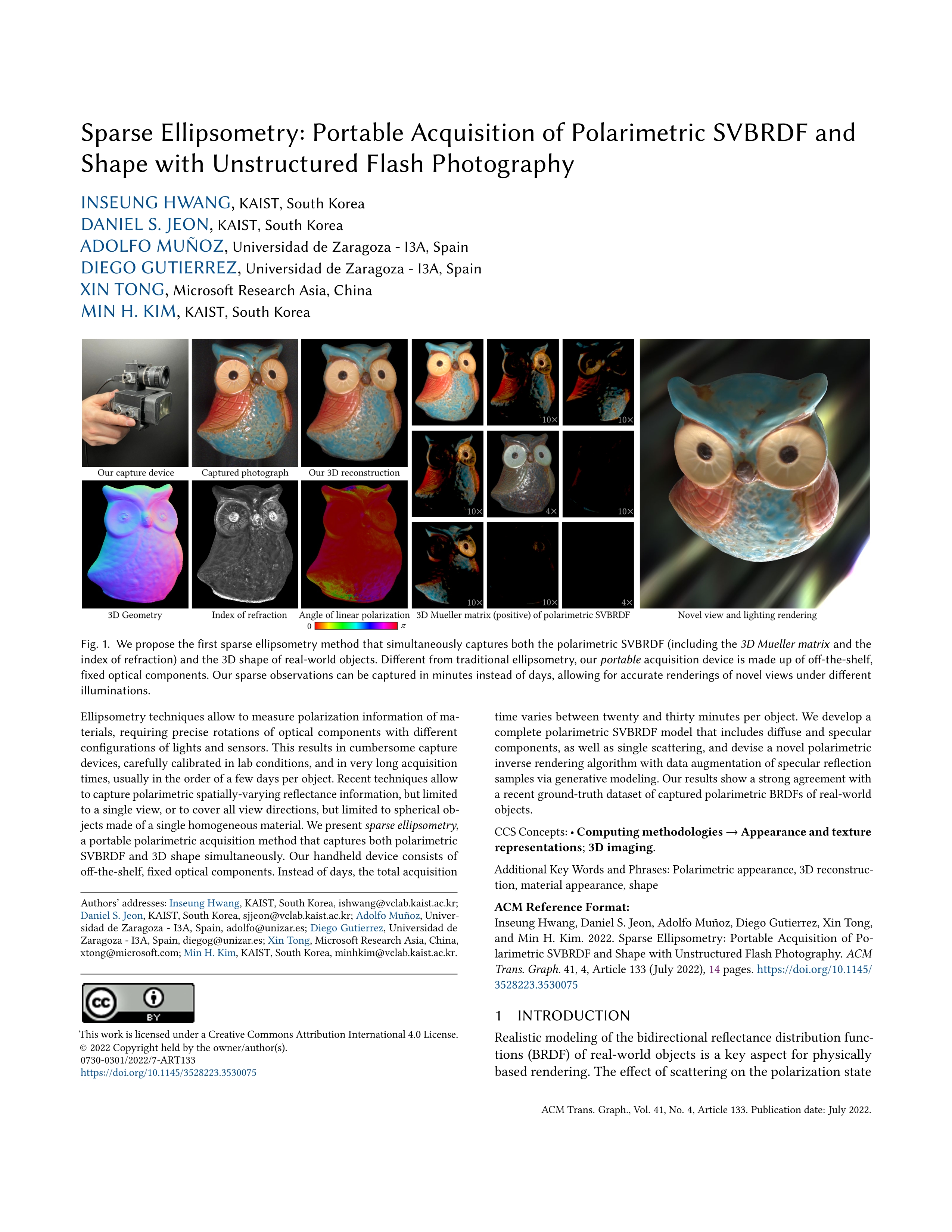 Sparse ellipsometry: portable acquisition of polarimetric SVBRDF and shape with unstructured flash photography