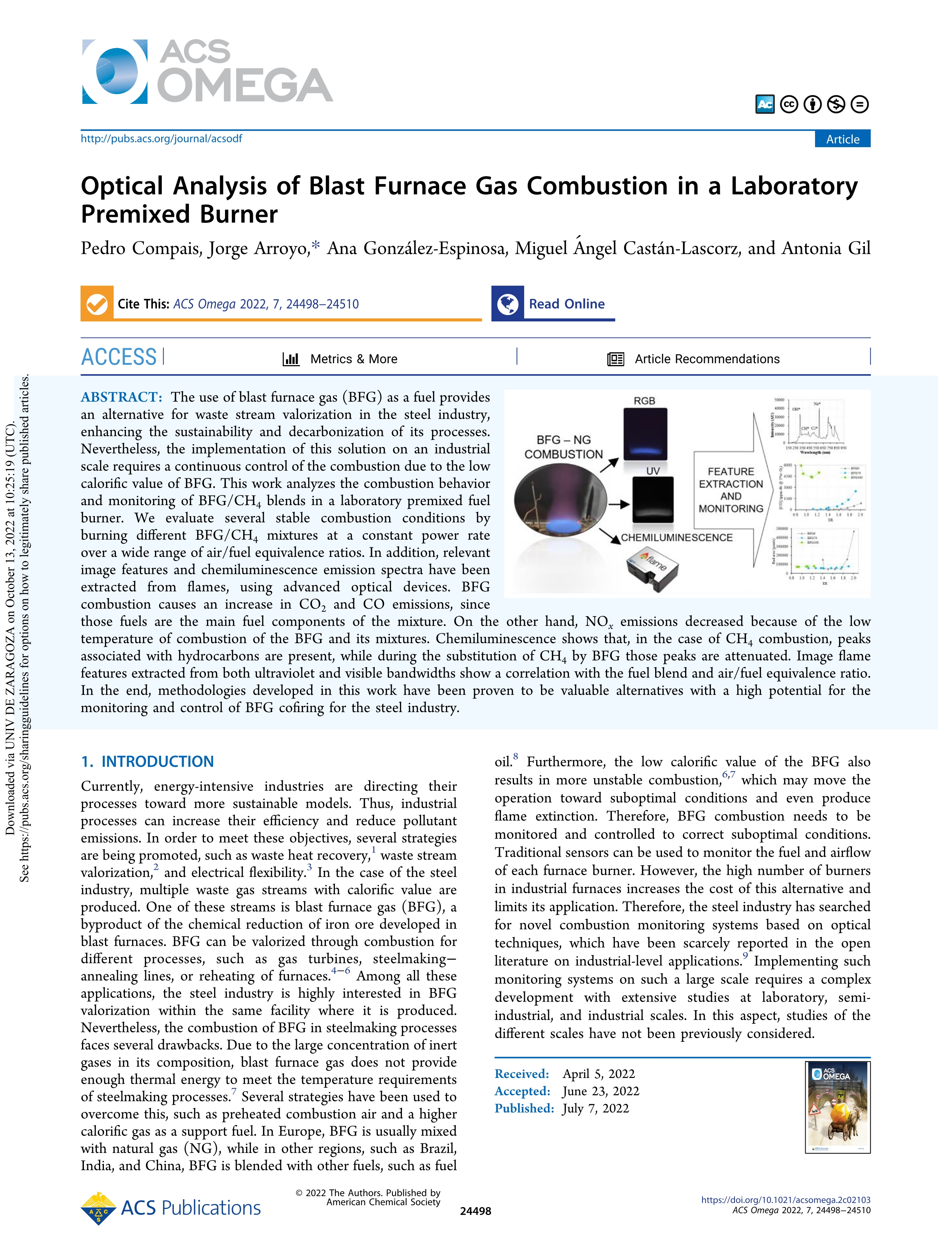 Optical analysis of blast furnace gas combustion in a laboratory premixed burner