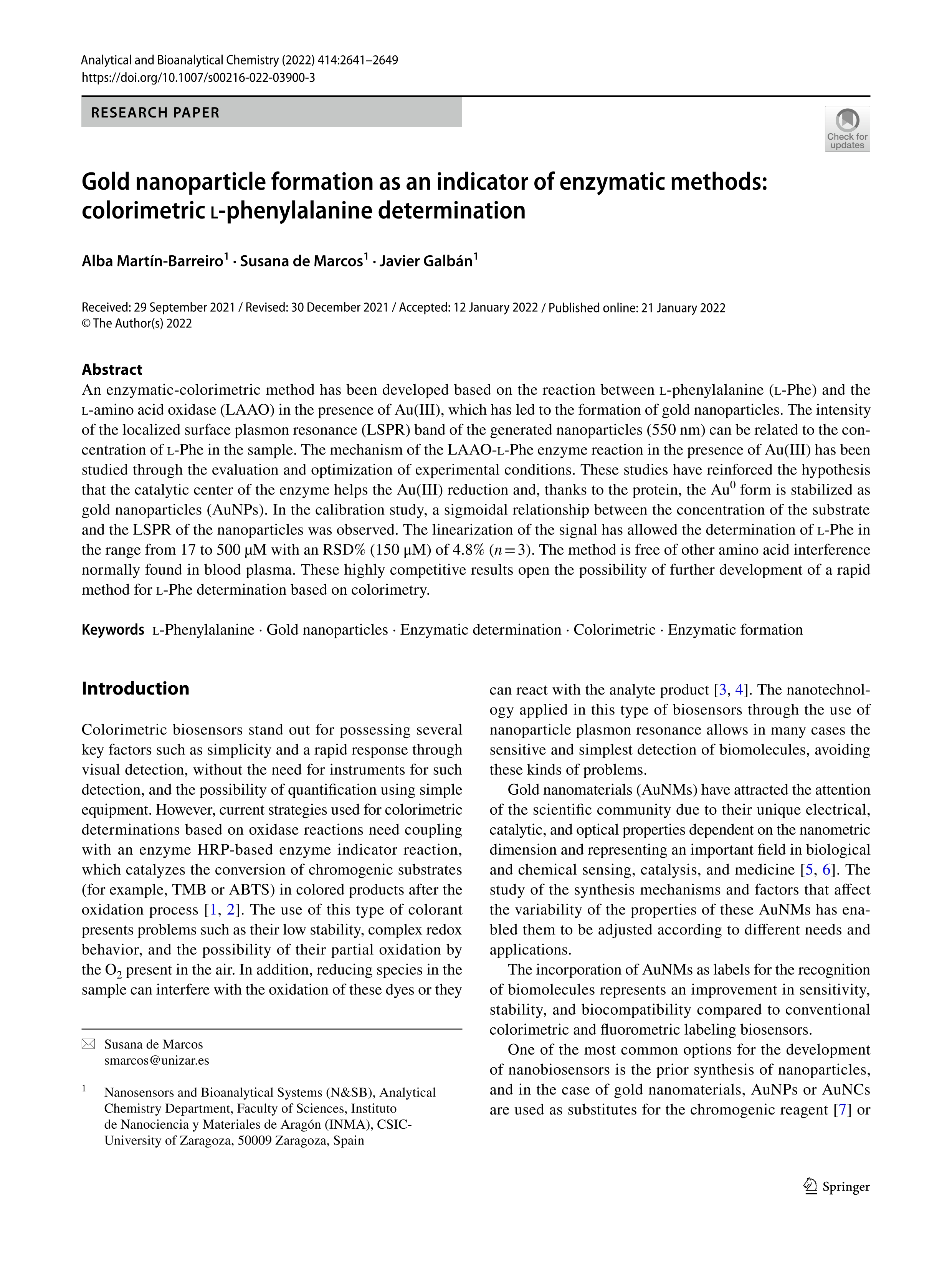 Gold nanoparticle formation as an indicator of enzymatic methods: colorimetric L-phenylalanine determination