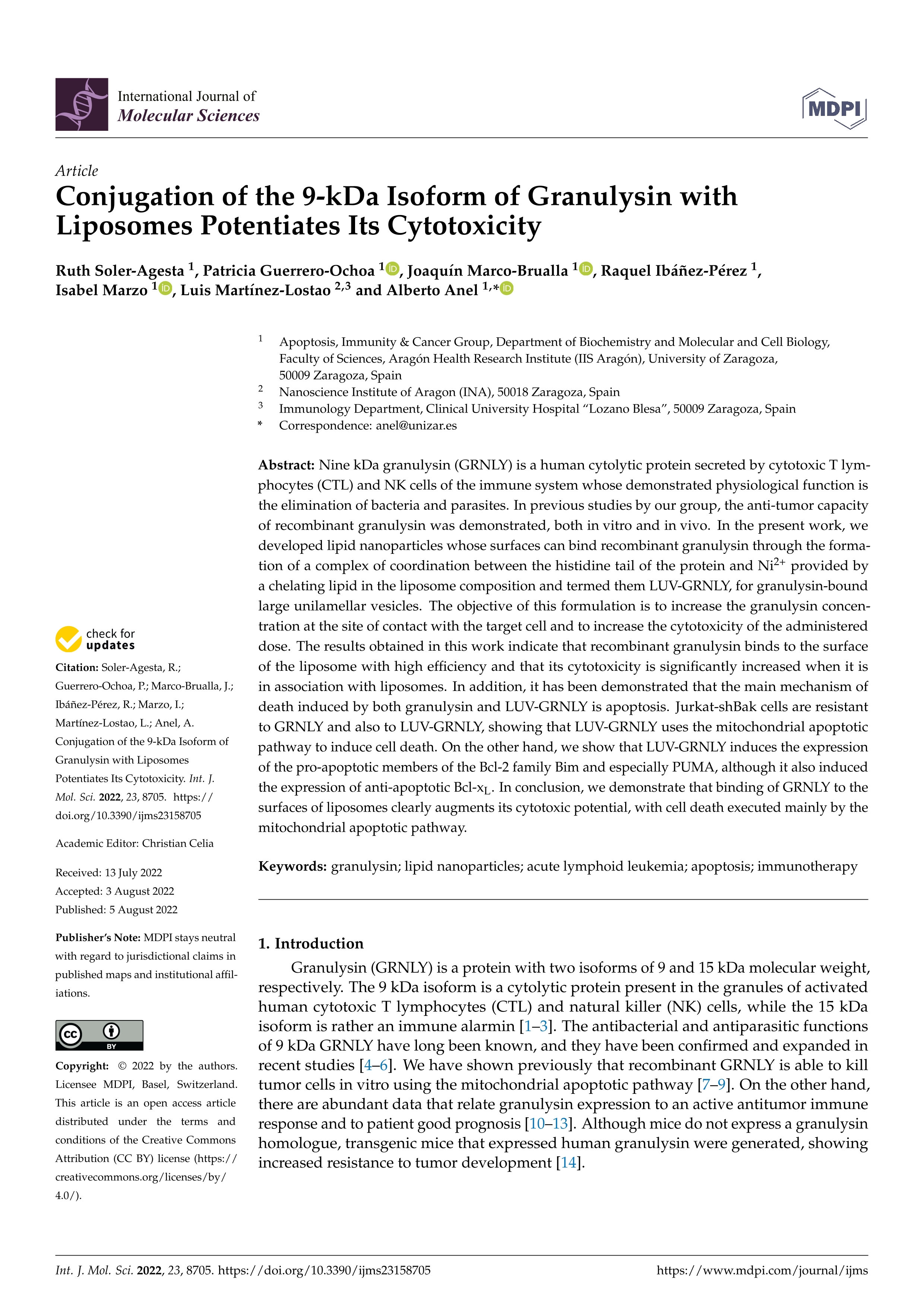 Conjugation of the 9-kDa isoform of Granulysin with liposomes potentiates its cytotoxicity