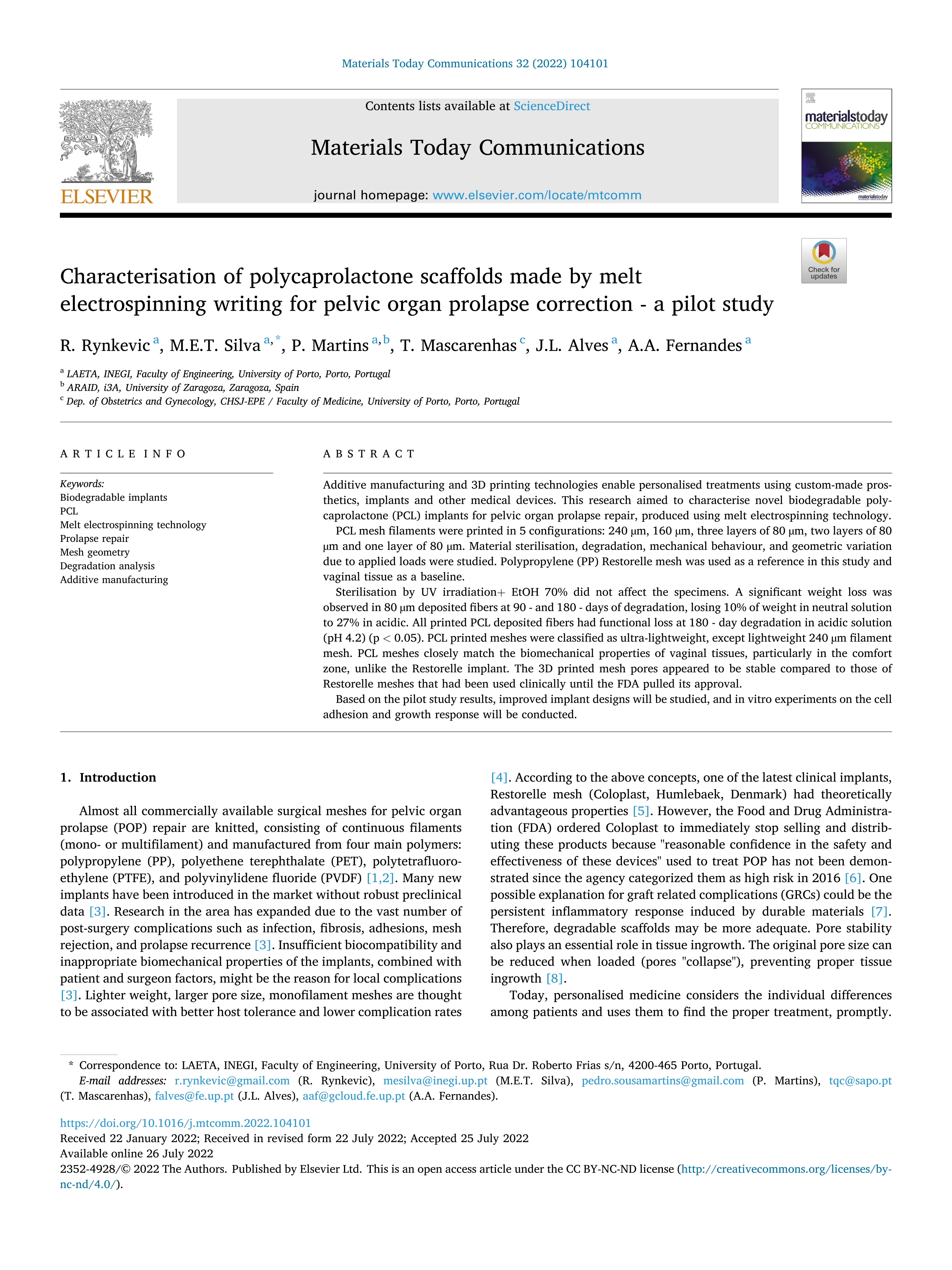 Characterisation of polycaprolactone scaffolds made by melt electrospinning writing for pelvic organ prolapse correction - a pilot study
