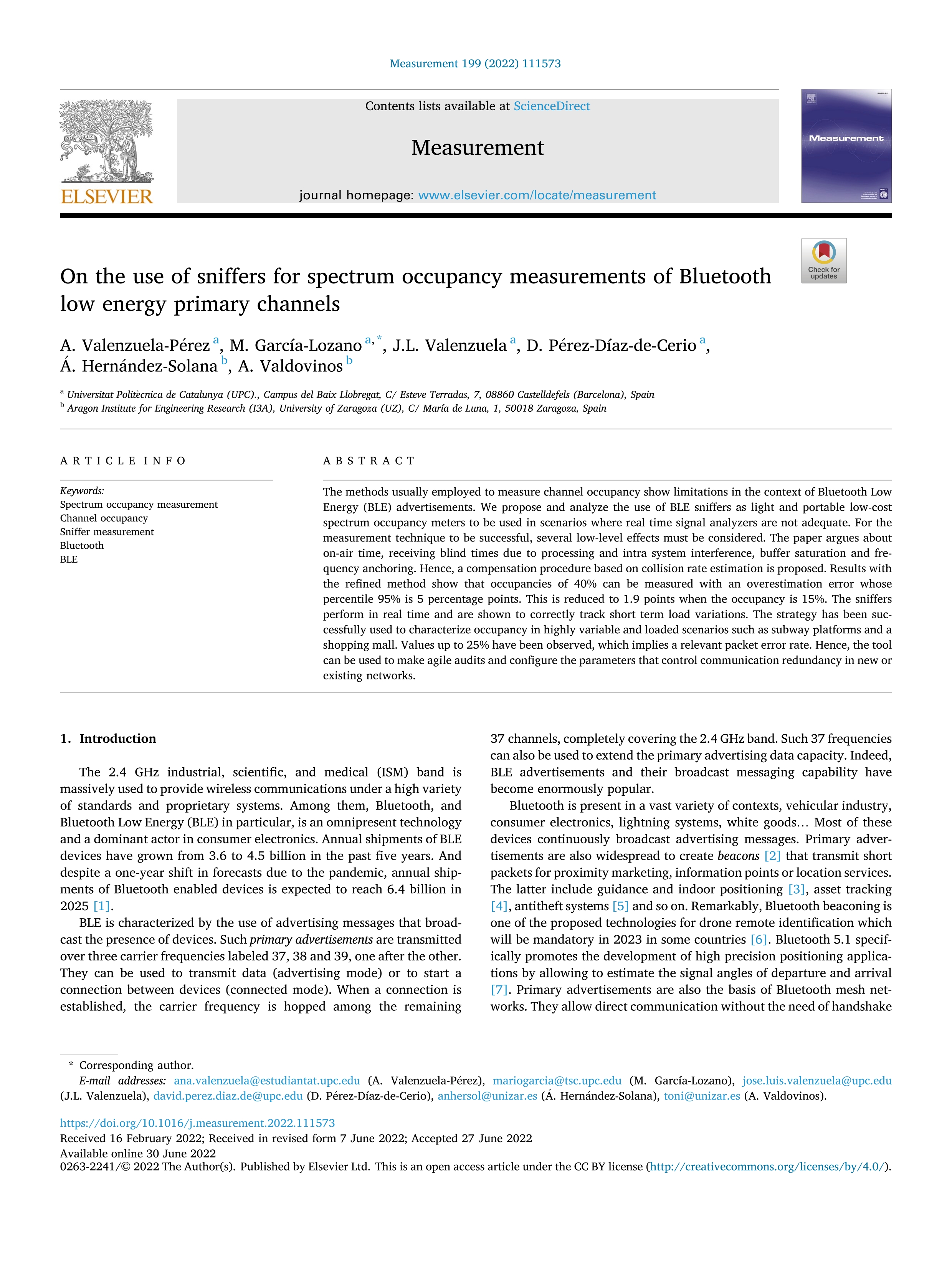 On the use of sniffers for spectrum occupancy measurements of Bluetooth low energy primary channels