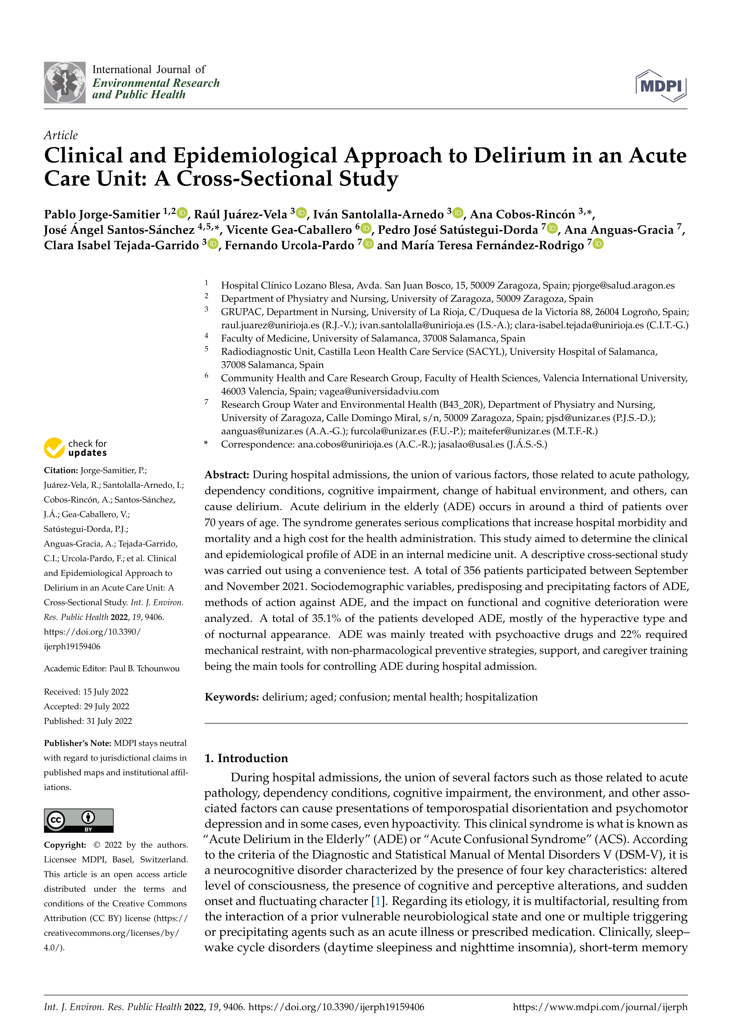 Clinical and epidemiological approach to delirium in an acute care unit: a cross-sectional study