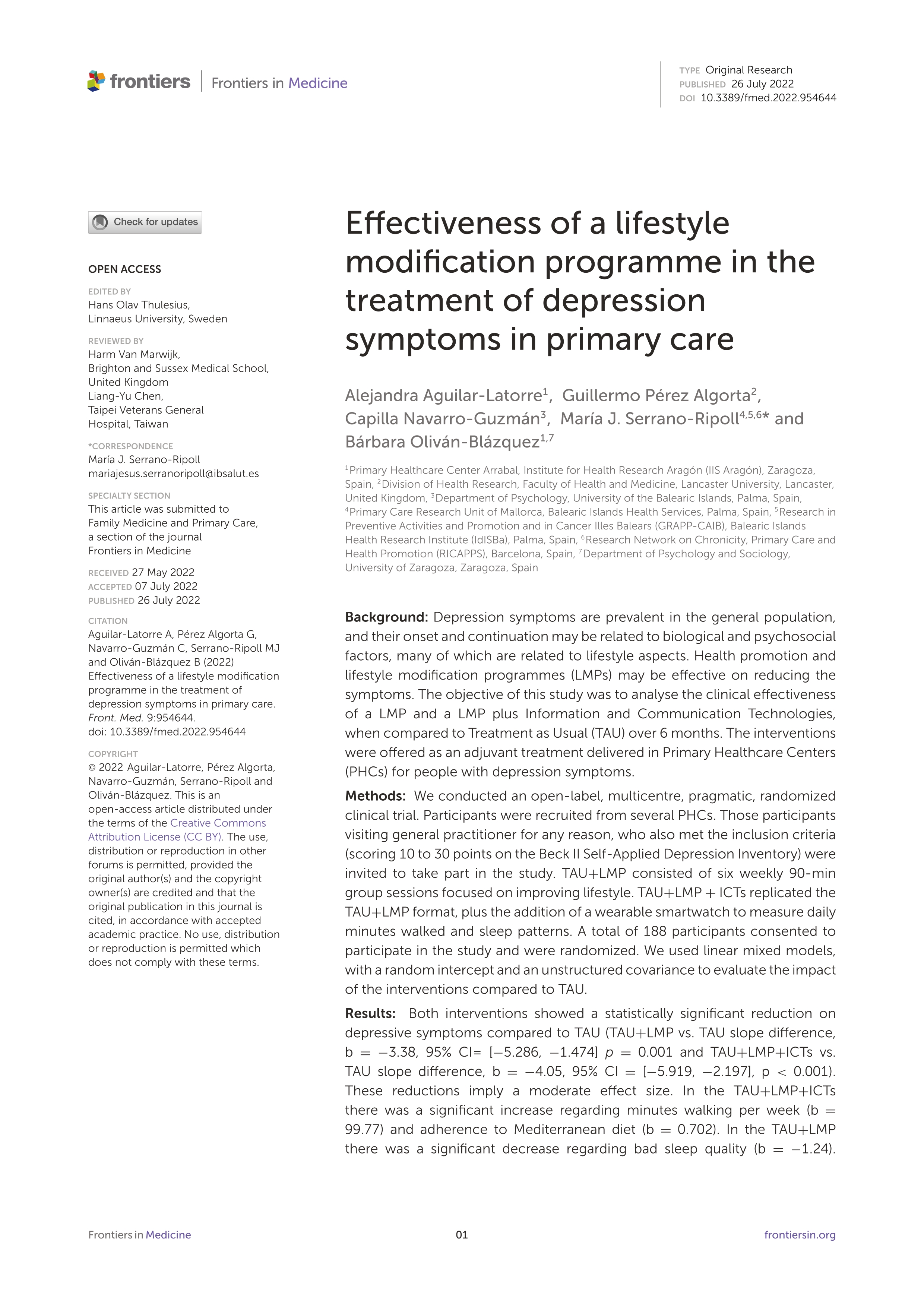 Effectiveness of a lifestyle modification programme in the treatment of depression symptoms in primary care