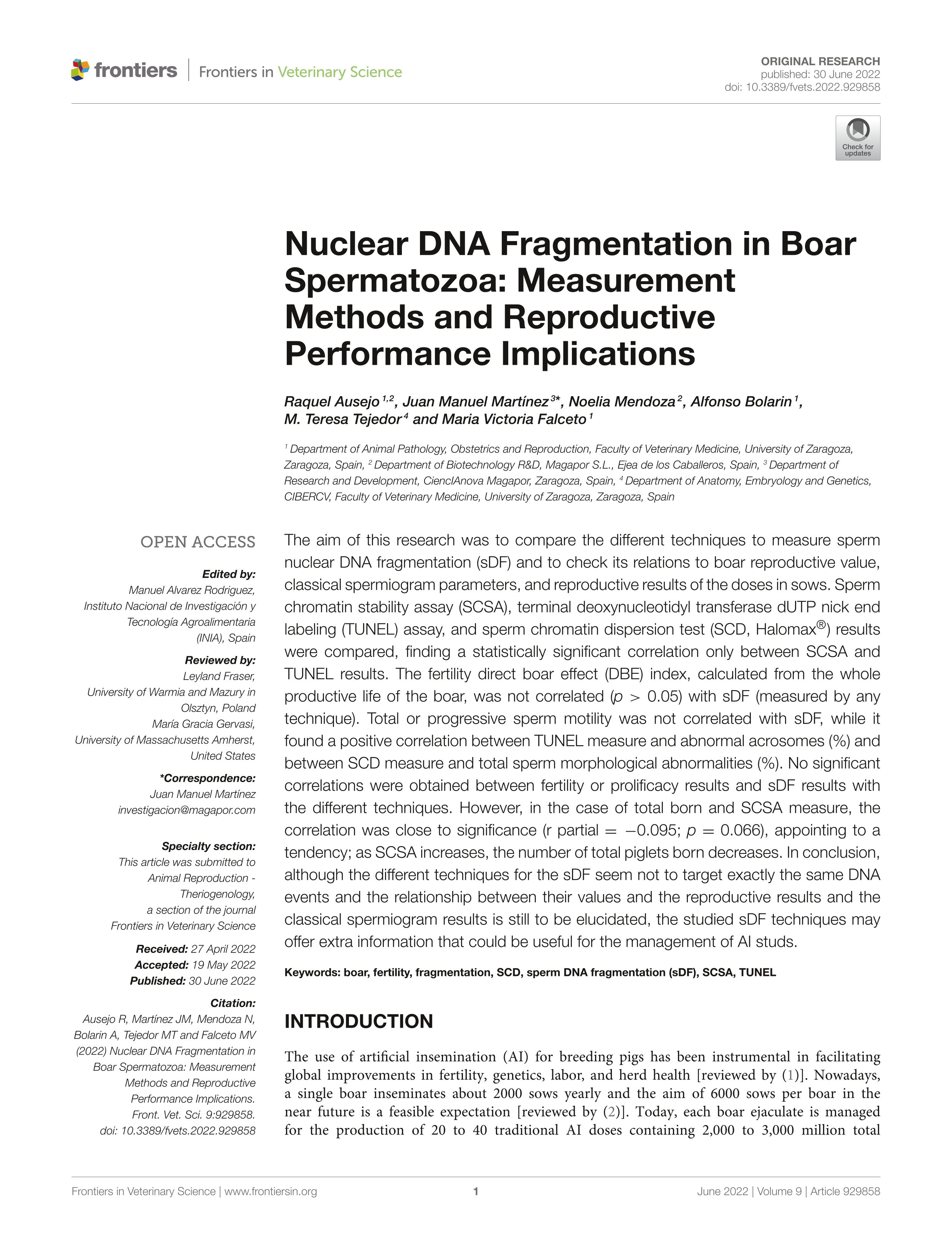 Nuclear DNA fragmentation in boar spermatozoa: measurement methods and reproductive performance implications