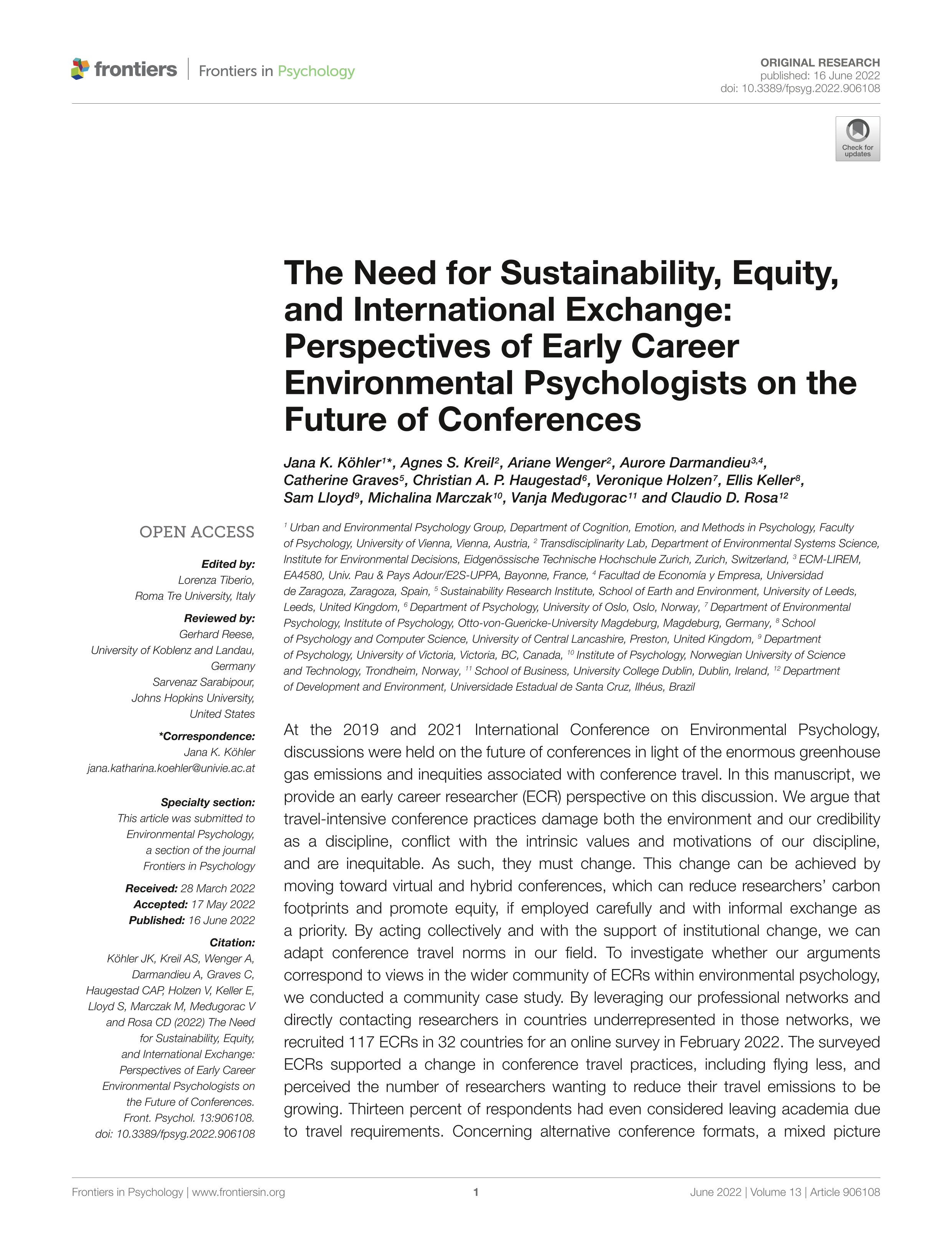 The need for sustainability, equity, and international exchange: perspectives of early career environmental psychologists on the future of conferences