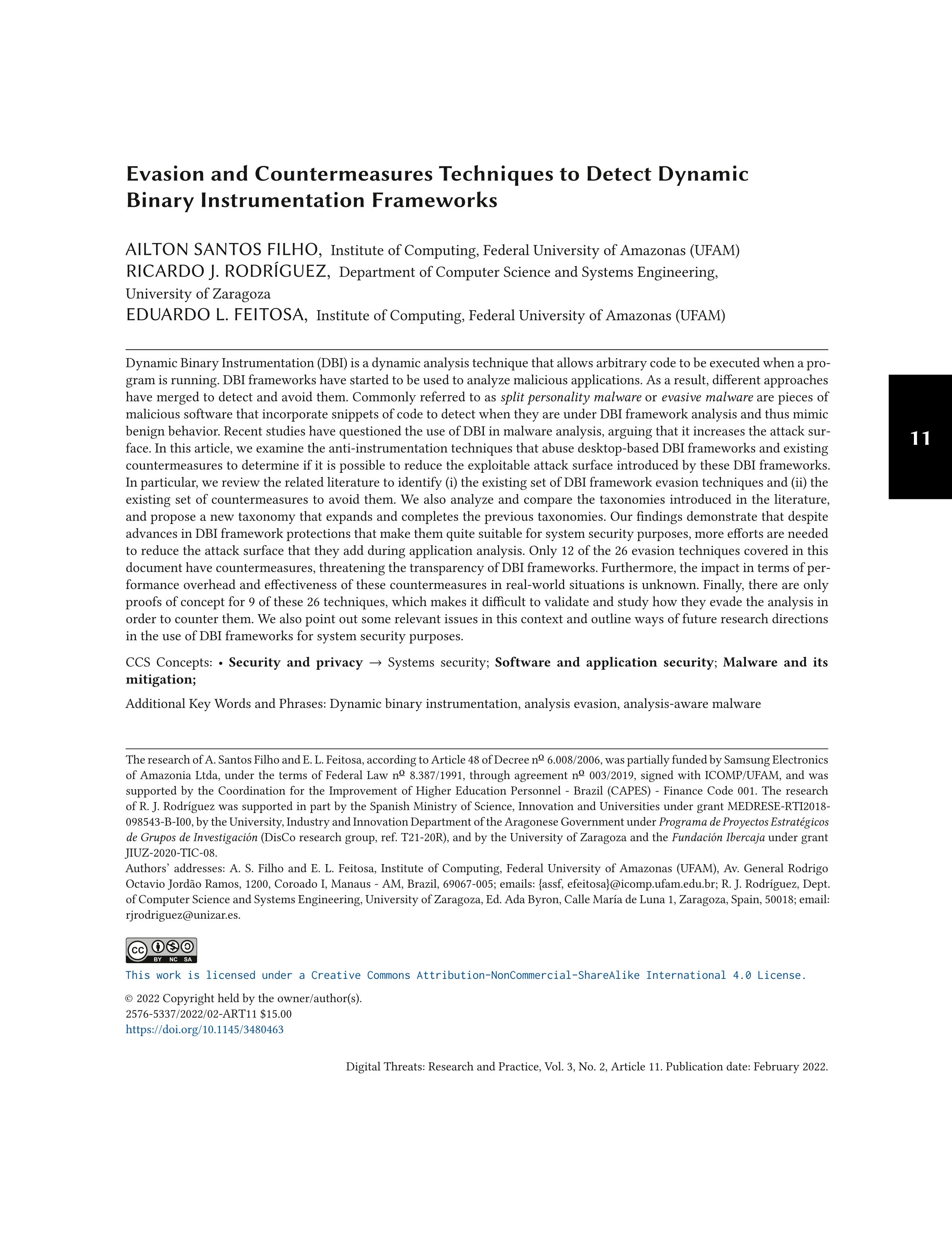 Evasion and countermeasures techniques to detect dynamic binary instrumentation frameworks