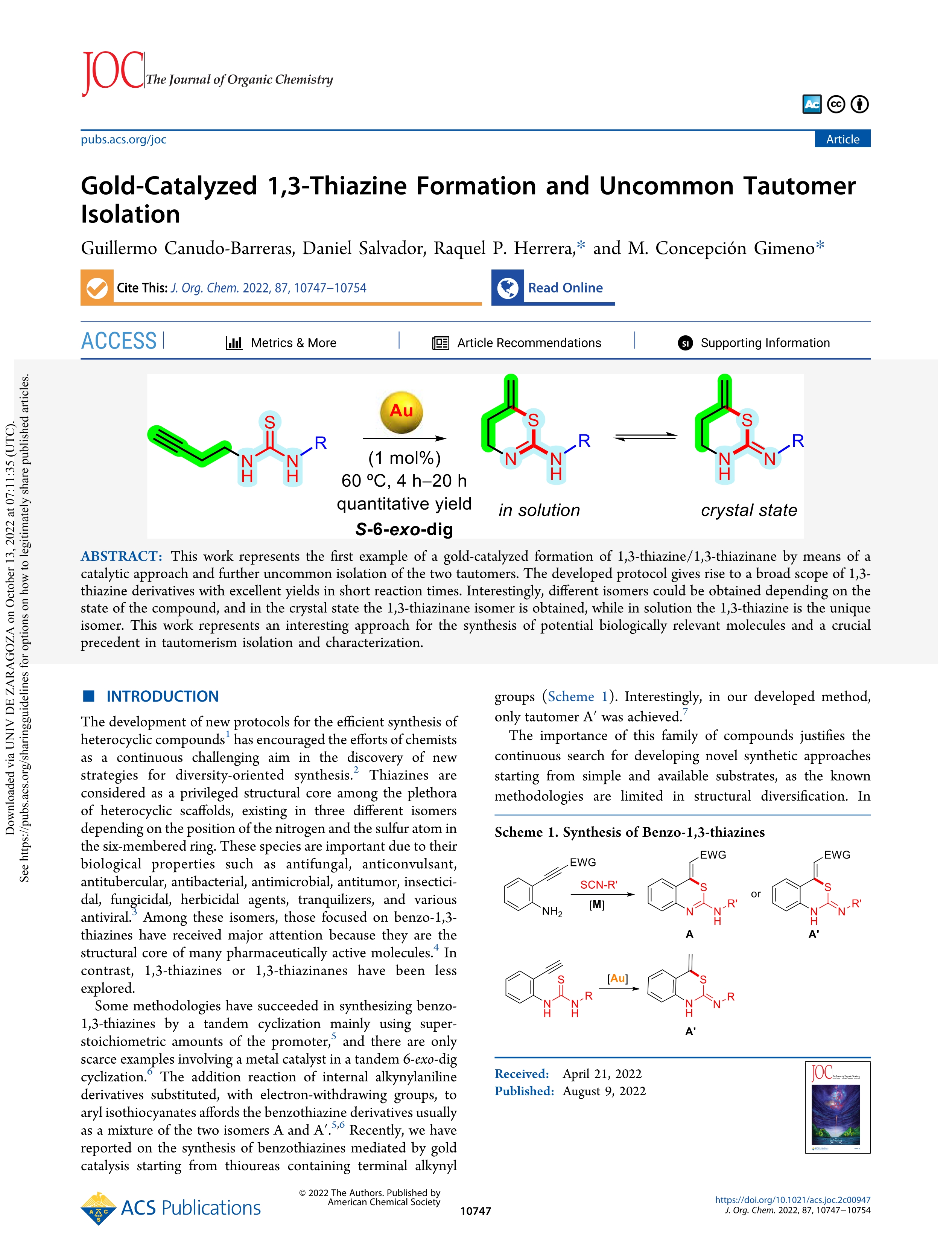Gold-catalyzed 1, 3-Thiazine formation and uncommon tautomer isolation