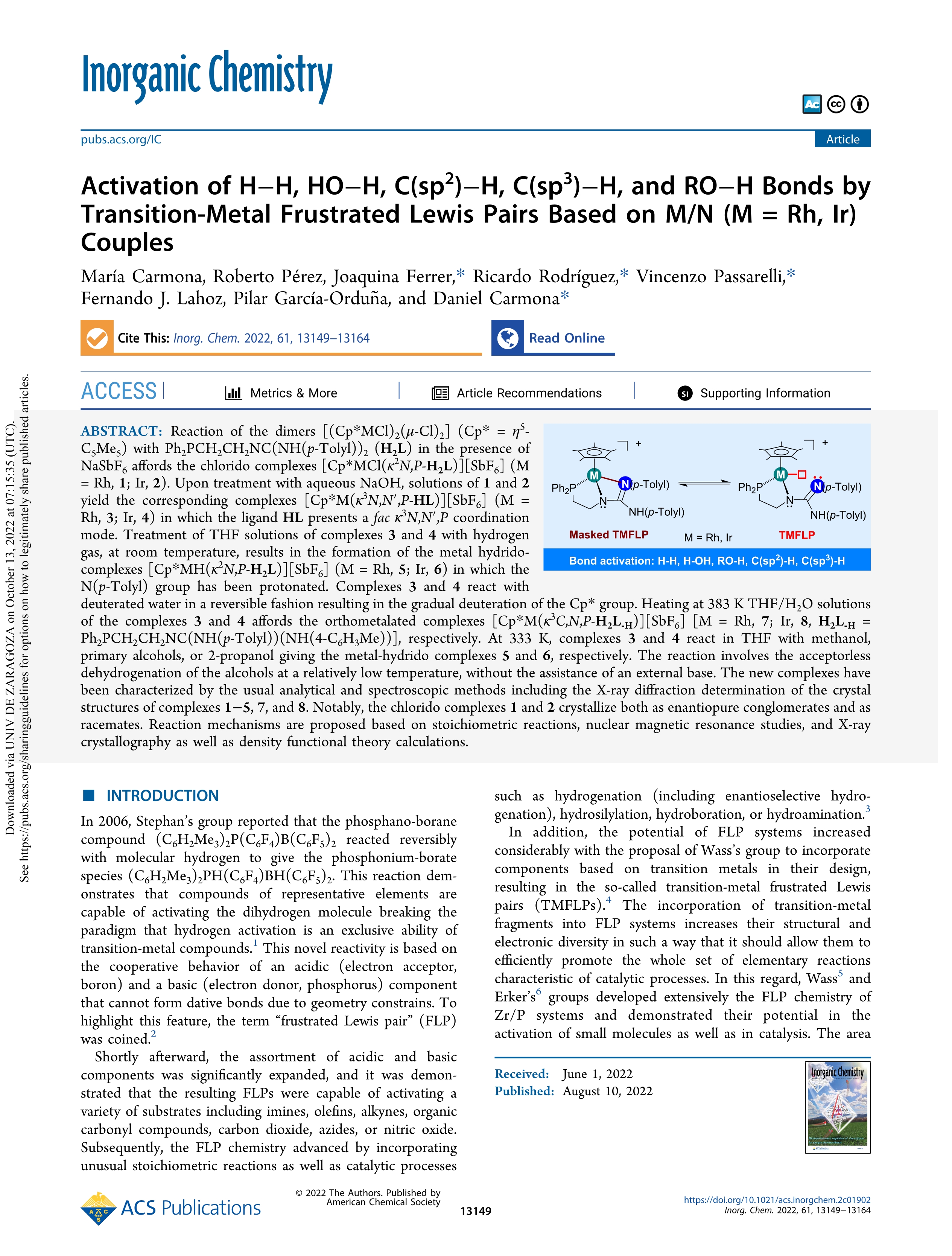 Activation of H-H, HO-H, C(sp2)-H, C(sp3)-H, and RO-H bonds by transition-metal frustrated lewis pairs based onon M/N (M = Rh, Ir) couples