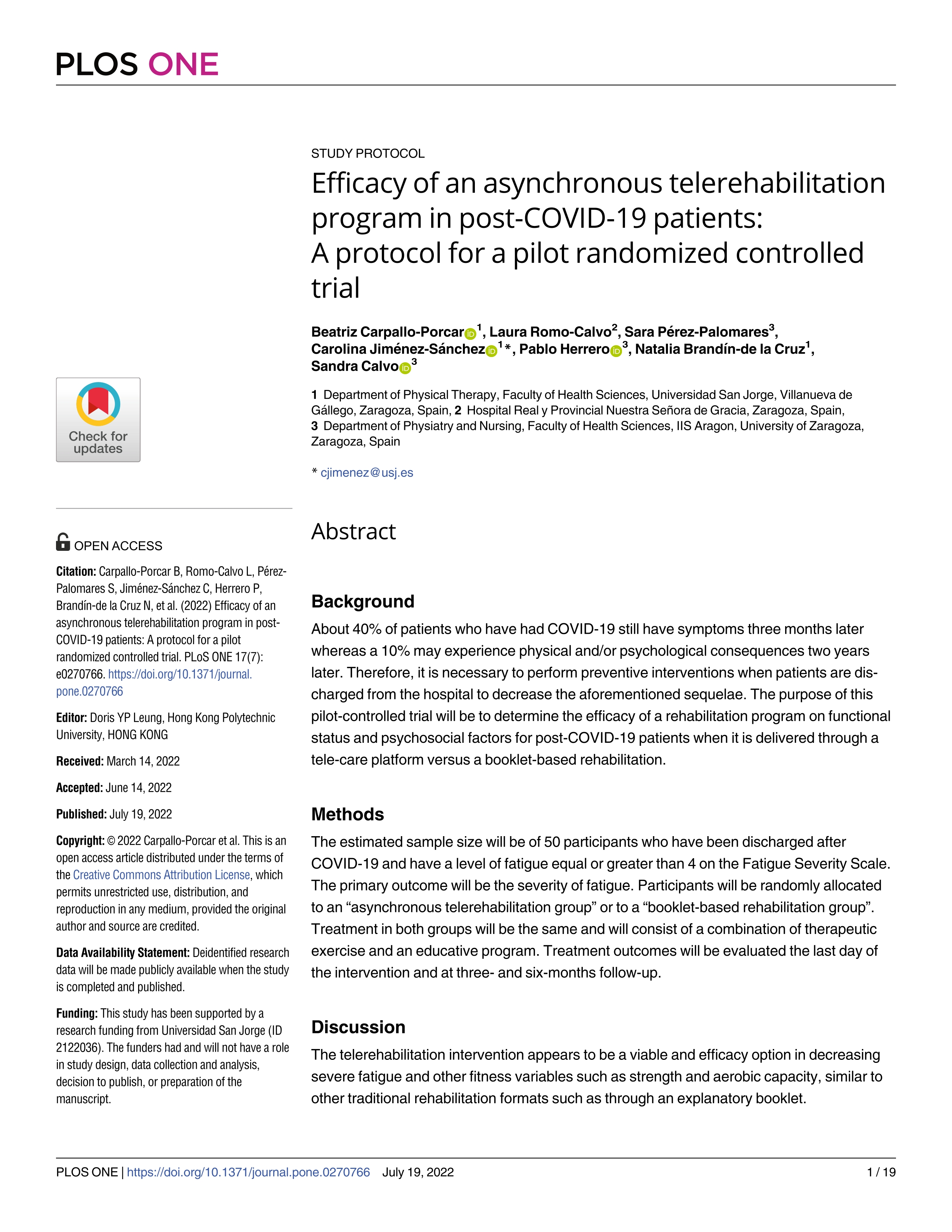 Efficacy of an asynchronous telerehabilitation program in post-COVID-19 patients: A protocol for a pilot randomized controlled trial