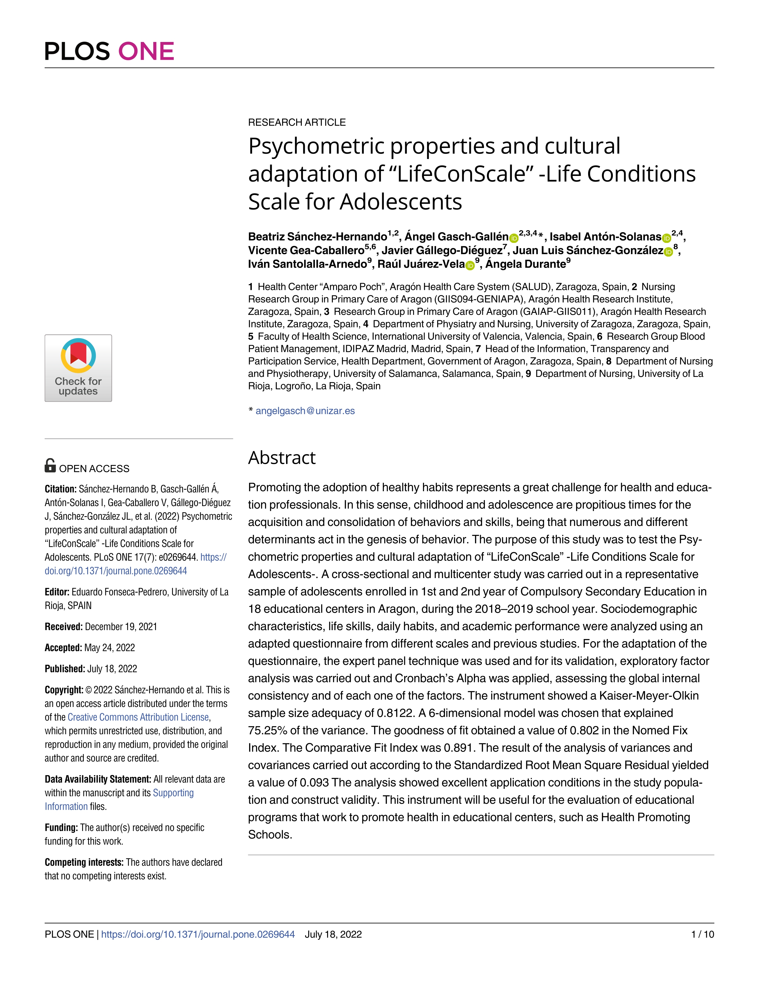 Psychometric properties and cultural adaptation of “LifeConScale” -Life conditions scale for adolescents