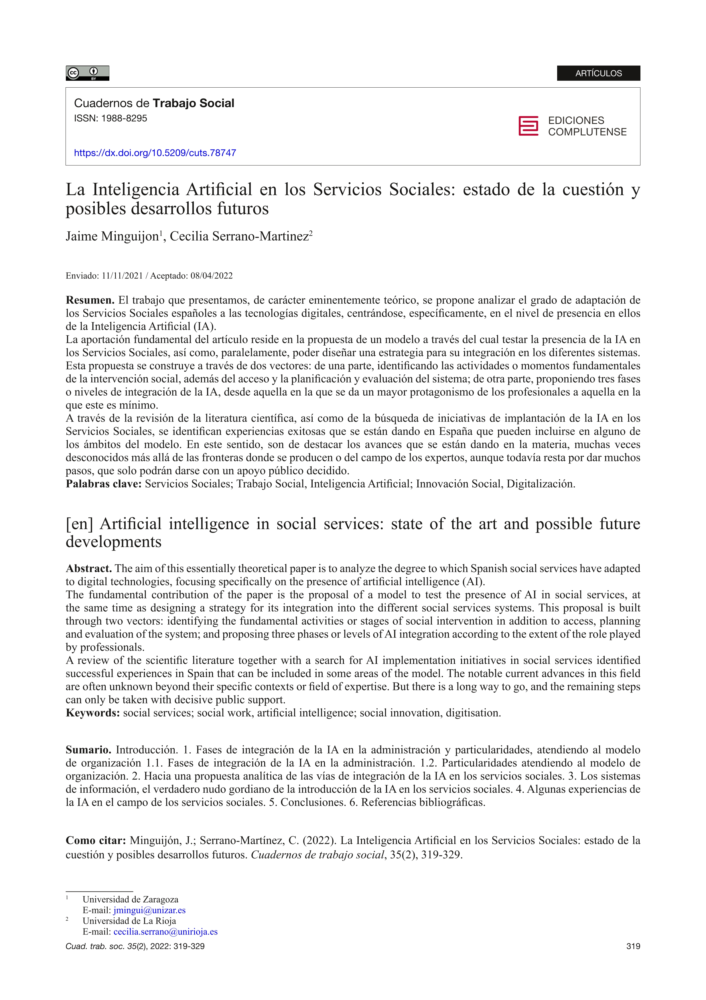 La inteligencia artificial en los servicios sociales: estado de la cuestión y posibles desarrollos futuros