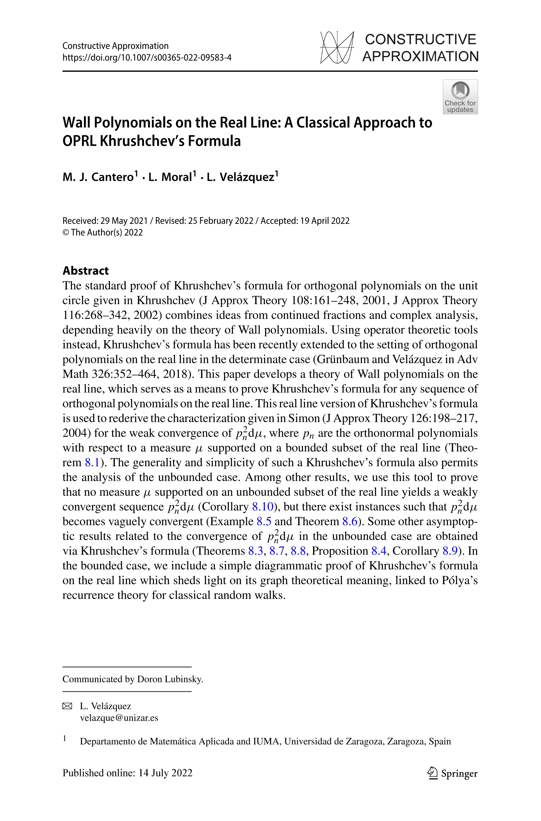 Wall Polynomials on the Real Line: a classical approach to OPRL Khrushchev’s formula