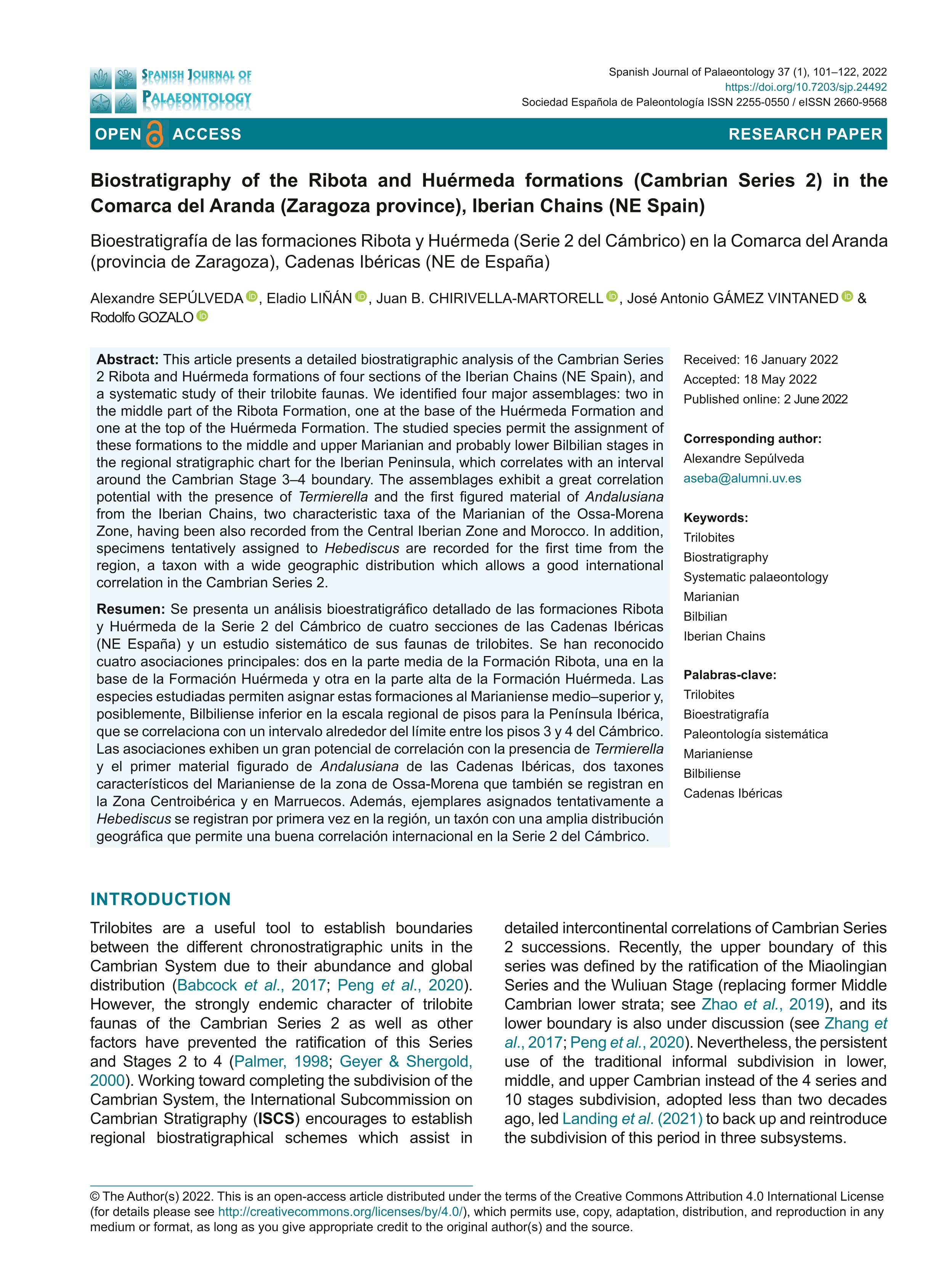 Biostratigraphy of the Ribota and Huérmeda formations (Cambrian Series 2) in the Comarca del Aranda (Zaragoza province), Iberian Chains (NE Spain)